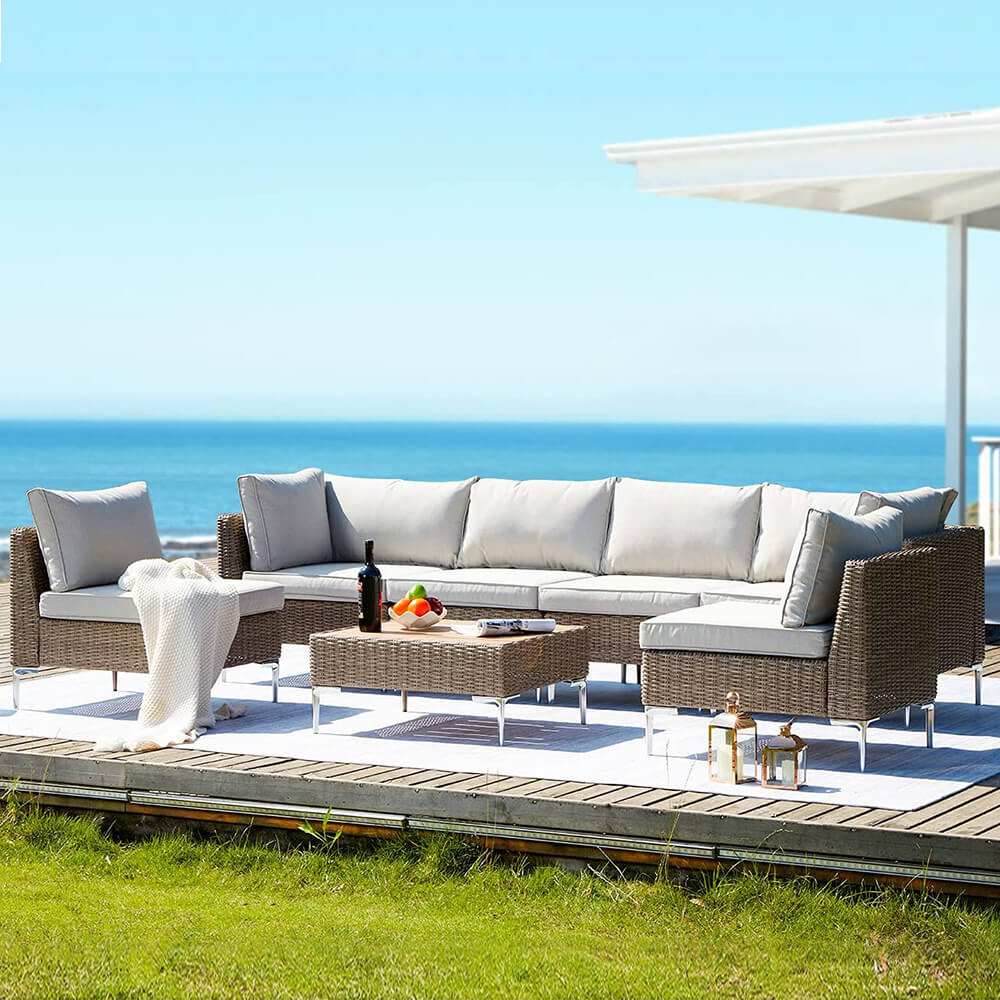 7 Pcs Outdoor Sectional Sofa, Half-Round Rattan Furniture Set with Cushion & Tea Table