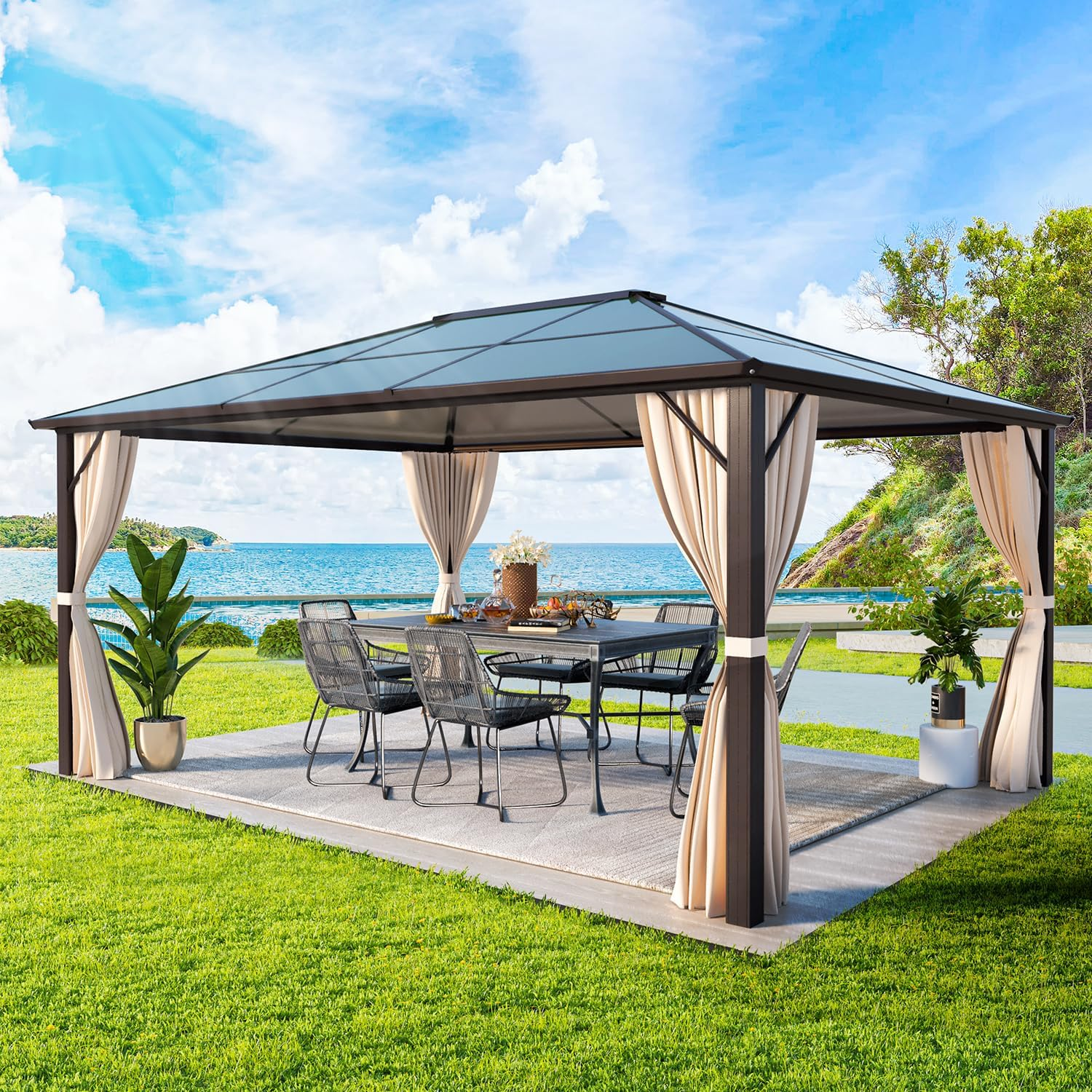 Homrest 10' x 12' Patio Hardtop Gazebo Aluminum Frame Gazebos with Netting & Curtain, Outdoor Polycarbonate Gazebo For Garden, Patio, Lawns