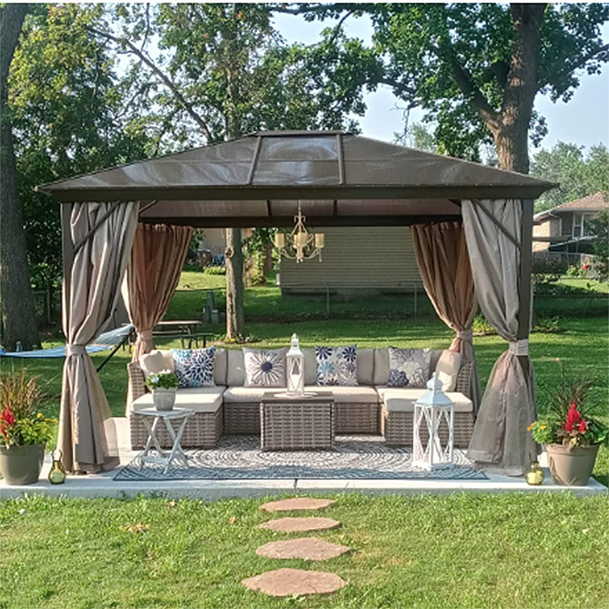 Homrest 10' x 12' Patio Hardtop Gazebo Aluminum Frame Gazebos with Netting & Curtain, Outdoor Polycarbonate Gazebo For Garden, Patio, Lawns