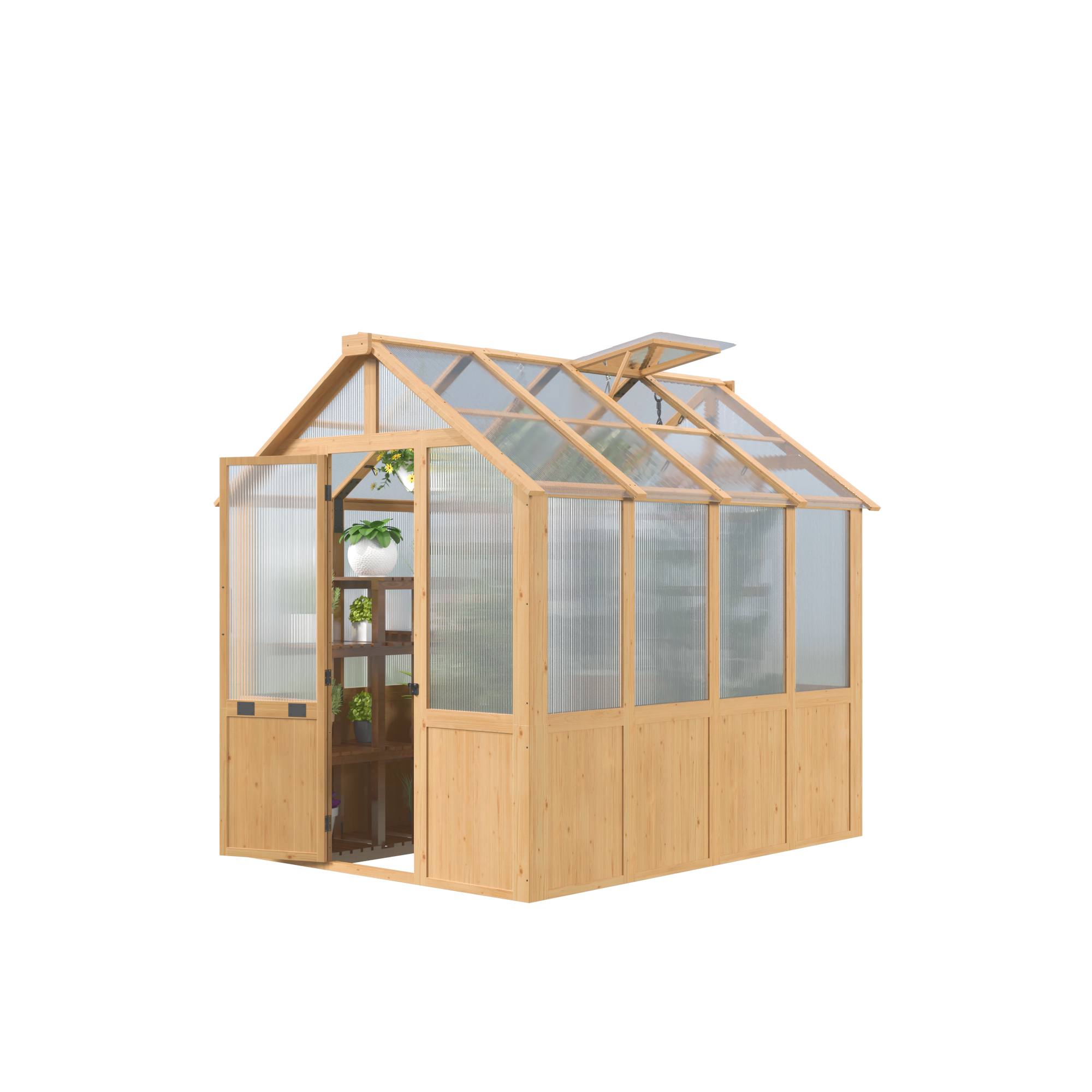 HOMREST 6x8 FT Wooden Greenhouse for Outdoors, Walk-in Greenhouse Kit with 4mm Polycarbonate Panels, Adjustable Roof Vent, Lockable Door, Outdoor Greenhouse for Backyard Garden