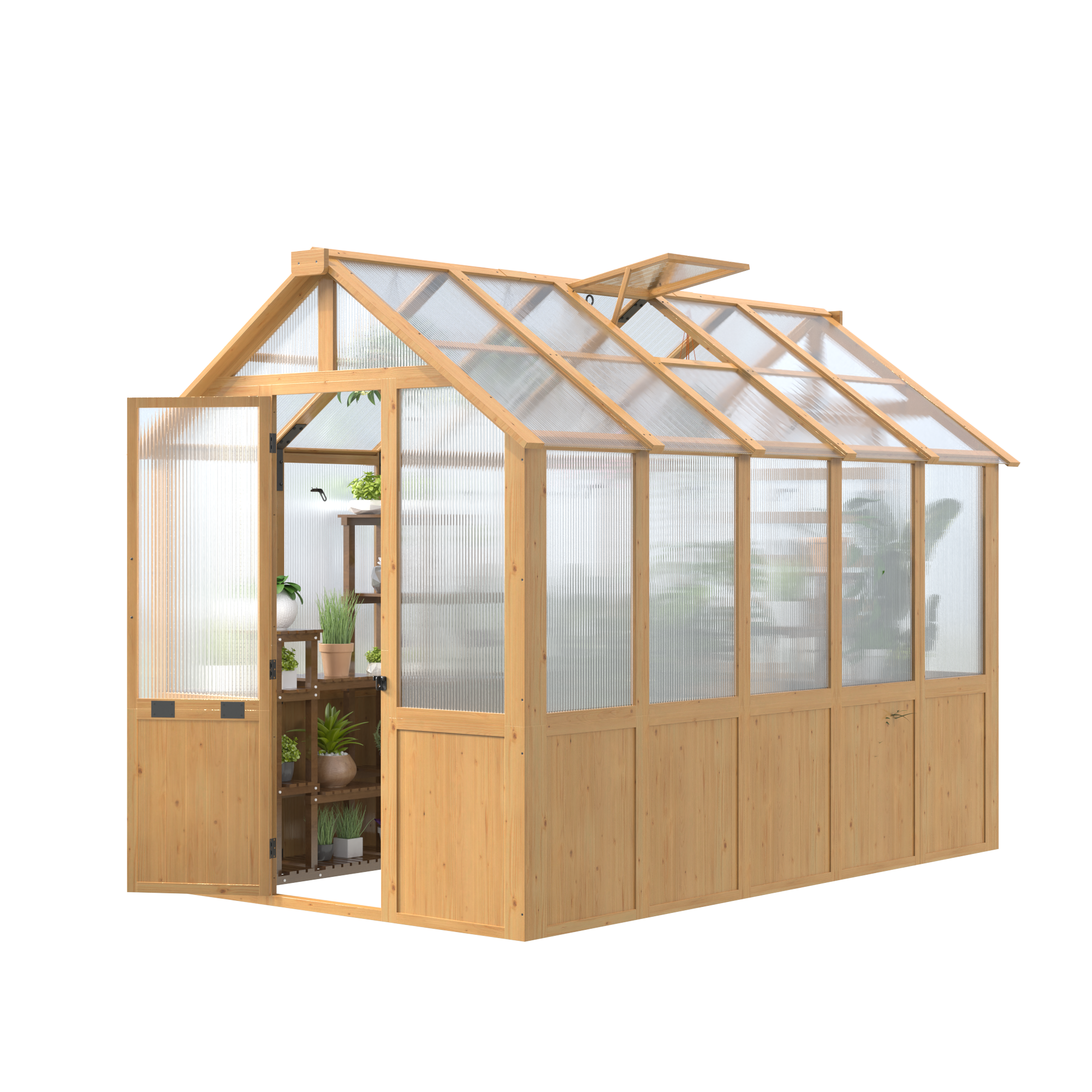 HOMREST 6x10 FT Wooden Greenhouse for Outdoors, Walk-in Greenhouse Kit with 4mm Polycarbonate Panels, Adjustable Roof Vent, Lockable Door, Backyard Greenhouse for Plants and Vegetables