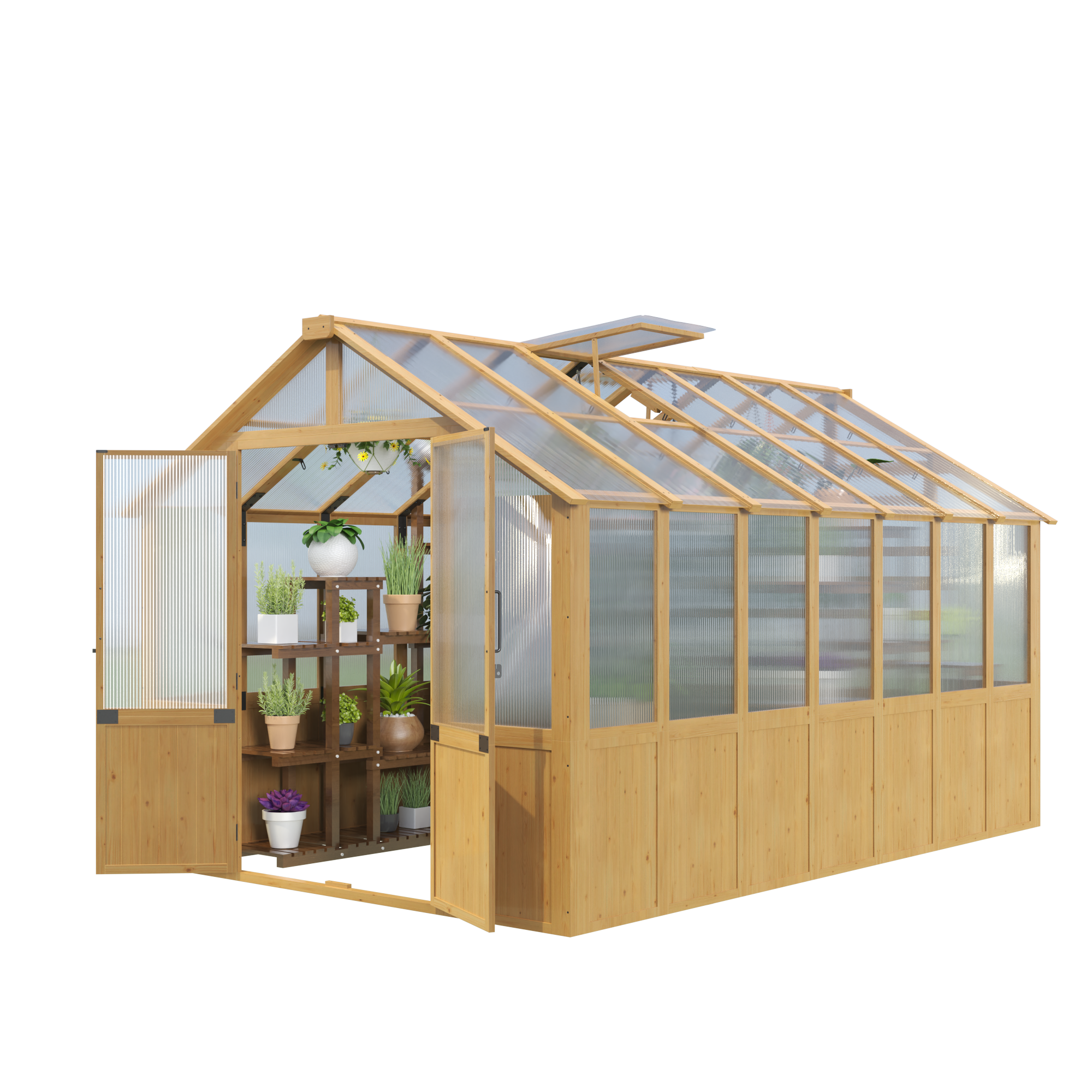 HOMREST 8x12 FT Wooden Greenhouse for Outdoors, Large Walk-in Greenhouse Kit with 4mm Polycarbonate Panels, Adjustable Roof Vent, Lockable Door, Outdoor Greenhouse for Backyard Garden