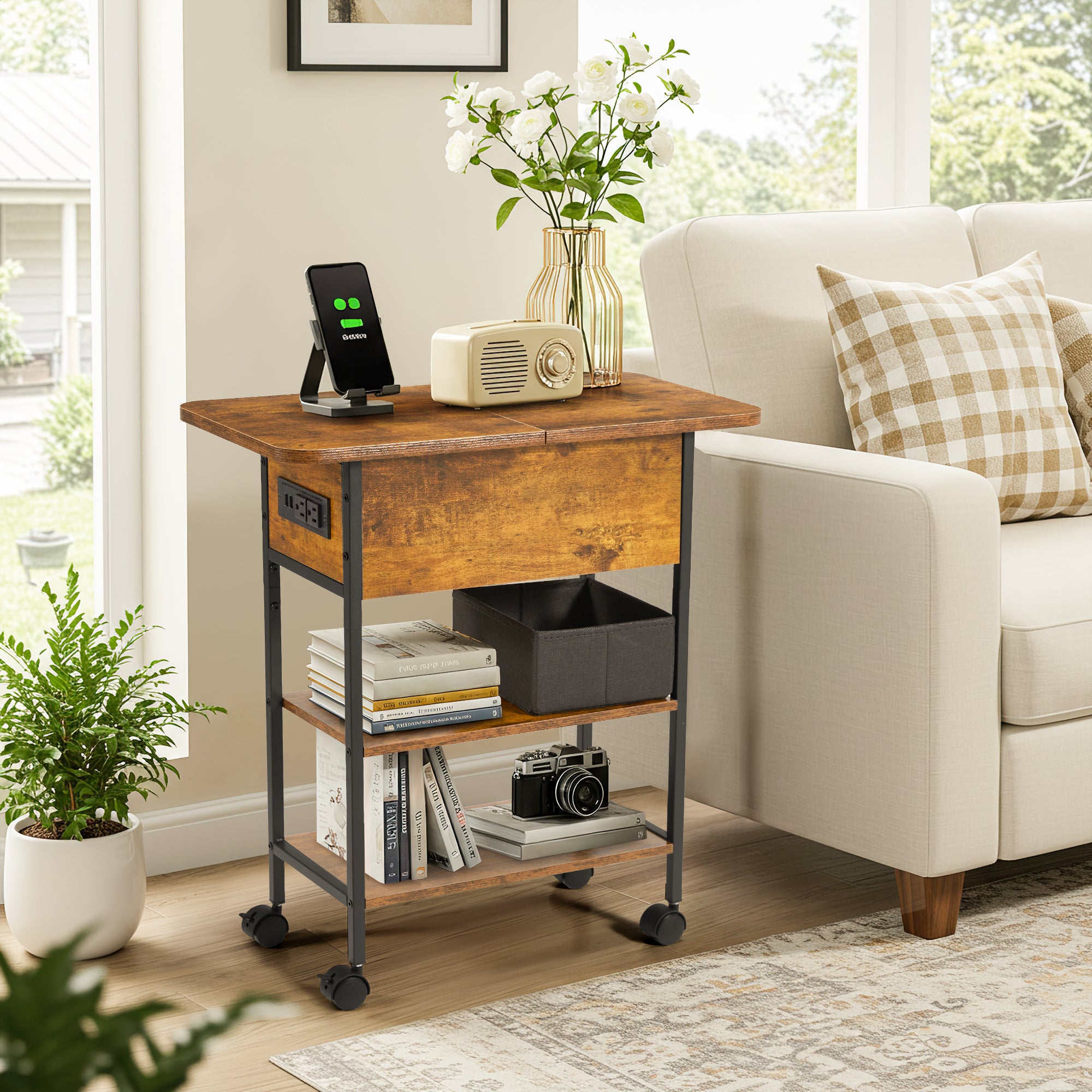 HOMREST Multi-Functional Flip Side Table, 360° Swivel Wheels & Storage Shelf for Living Room/Bedroom, Rustic Brown Wood End Table, Brown