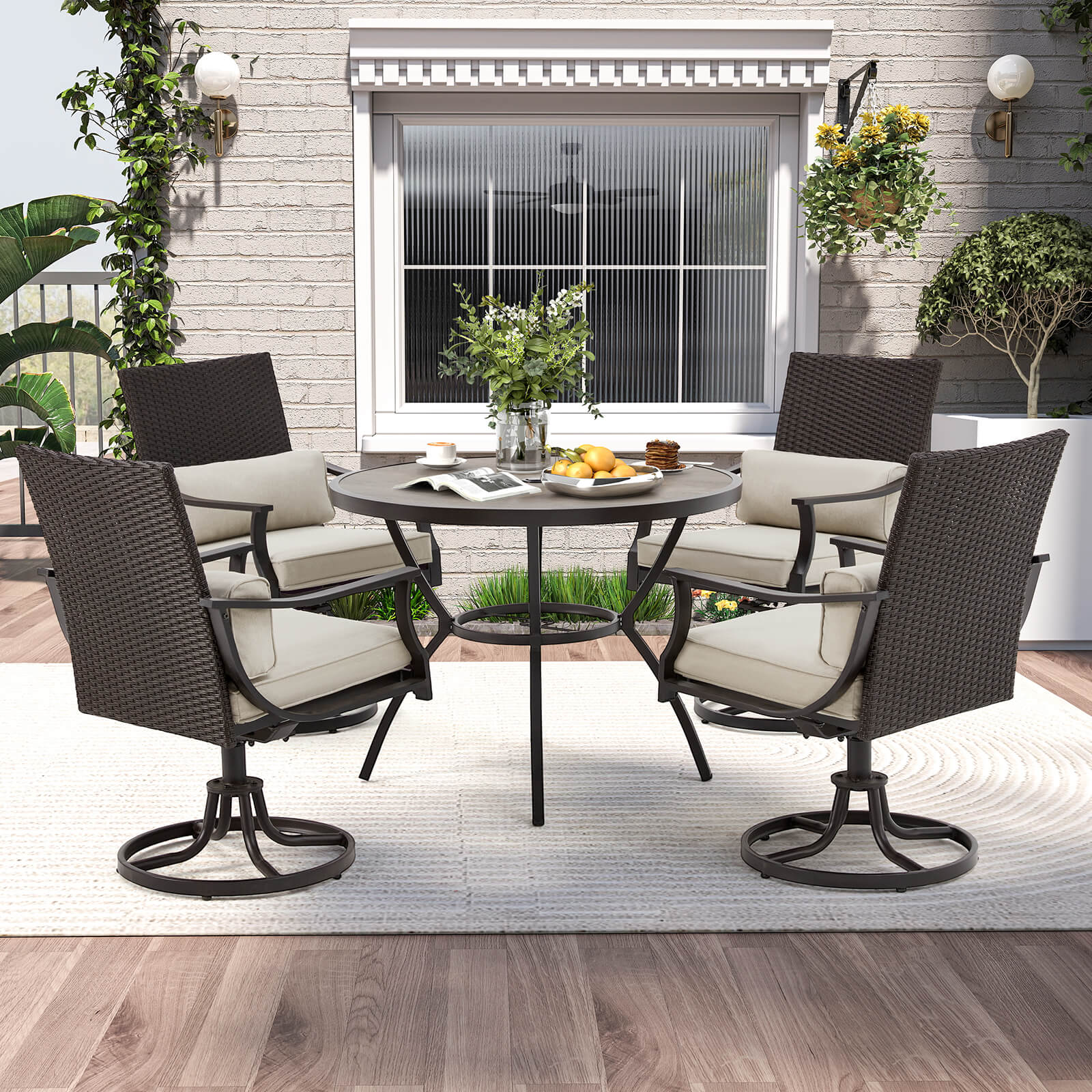 HOMREST 5-Piece Patio Dining Set, 4 Swivel Chairs & Large Round Table for Backyard, Deck, Patio