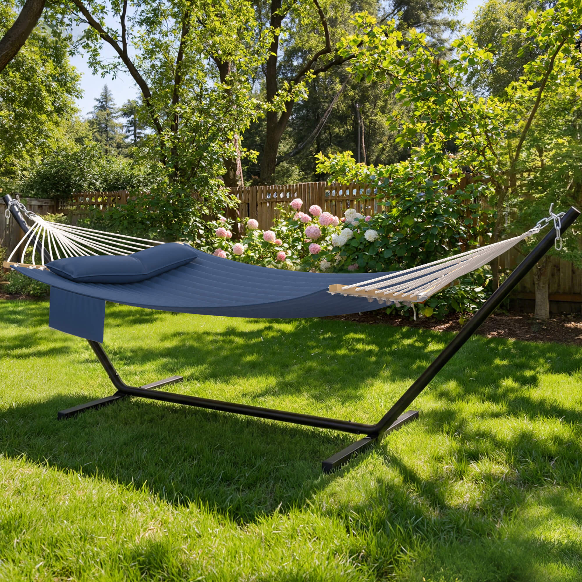 HOMREST Modern Rope Hammock with Stand, Portable Outdoor Hammock for Backyard, Beach & Camping, Navy Blue
