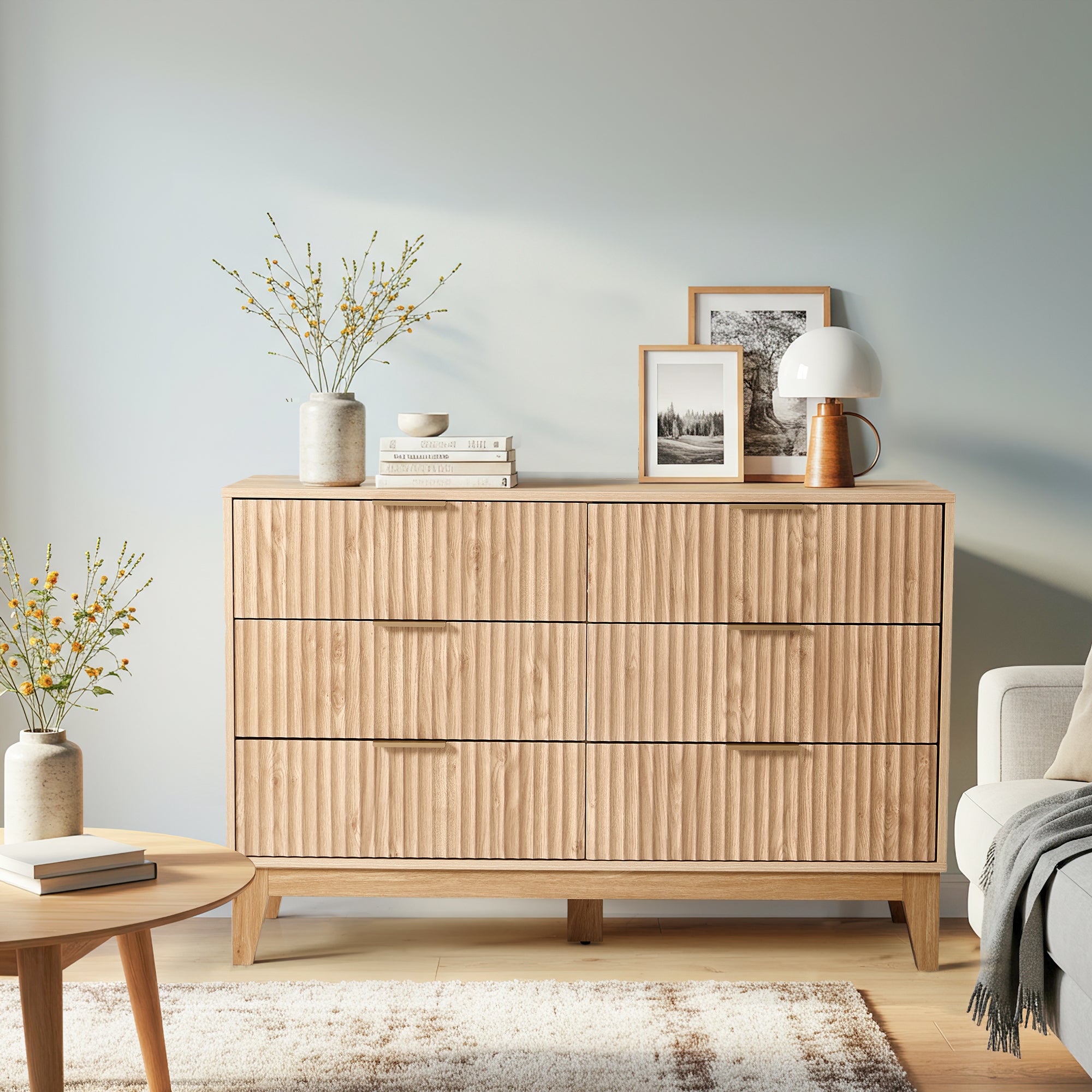 HOMREST Fluted Dresser for Bedroom, 6 Drawer Modern Dresser, Wide Modern Chest of Drawers with Metal Handle, Mid Century Modern Dresser, Natural Wood