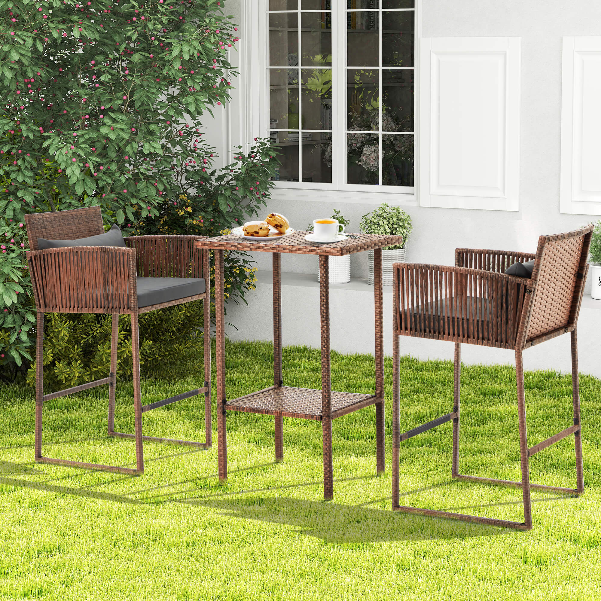 HOMREST 3-Piece Patio Wicker Bar Set, Rattan Bar Table & Stools with Cushion Covers (Blue/Gray)