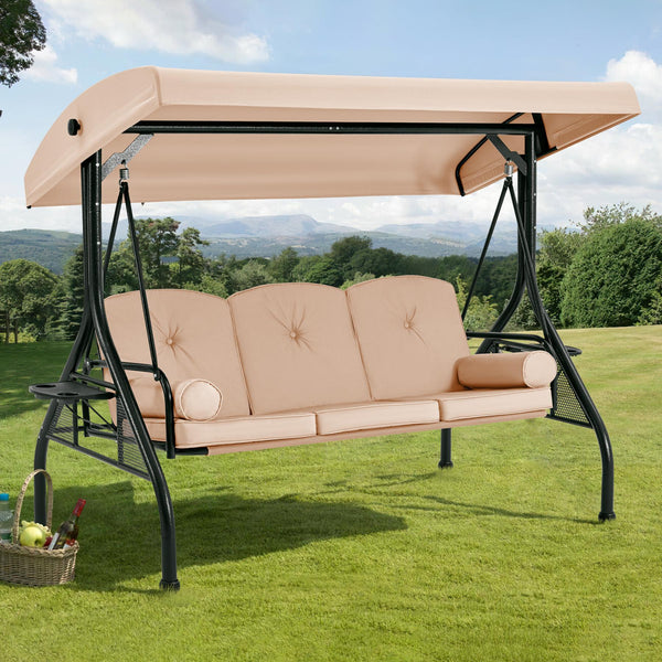 3-Seat Outdoor Porch Swing with Cupholders, Adjustable Canopy and Backrest for Balcony, Khaki
