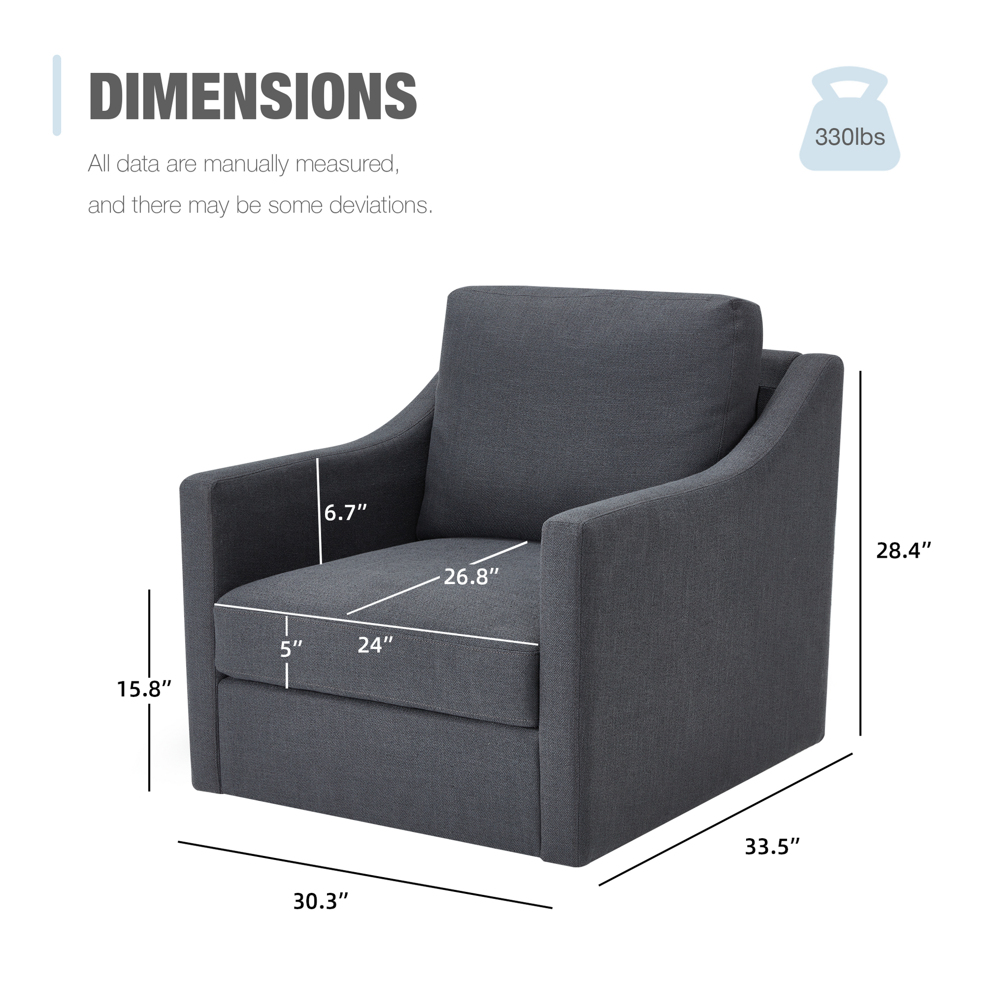 Product Dimensions of Swivel Accent Chair,Linen Fabric Armchair with Removable Cover for Living Room, Gray | Homrest Furniture
