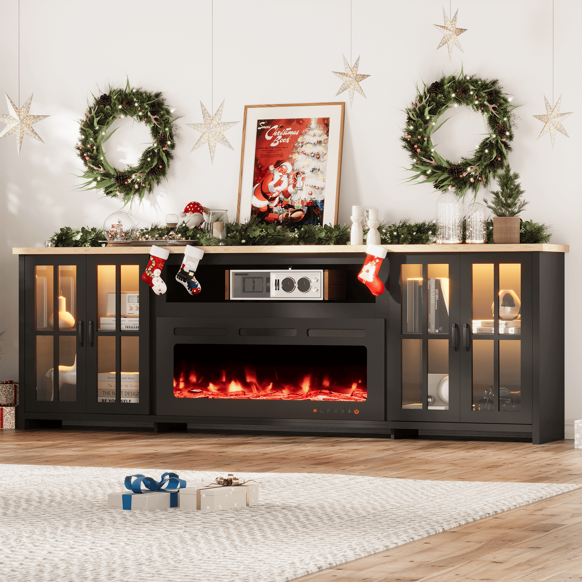 HOMREST 97 Inch Fireplace TV Stand with 42" Electric Fireplace, Fireplace Entertainment Center Media Console, Long TV Stand for Living Room, Television Stands for 100 Inch TV, Black