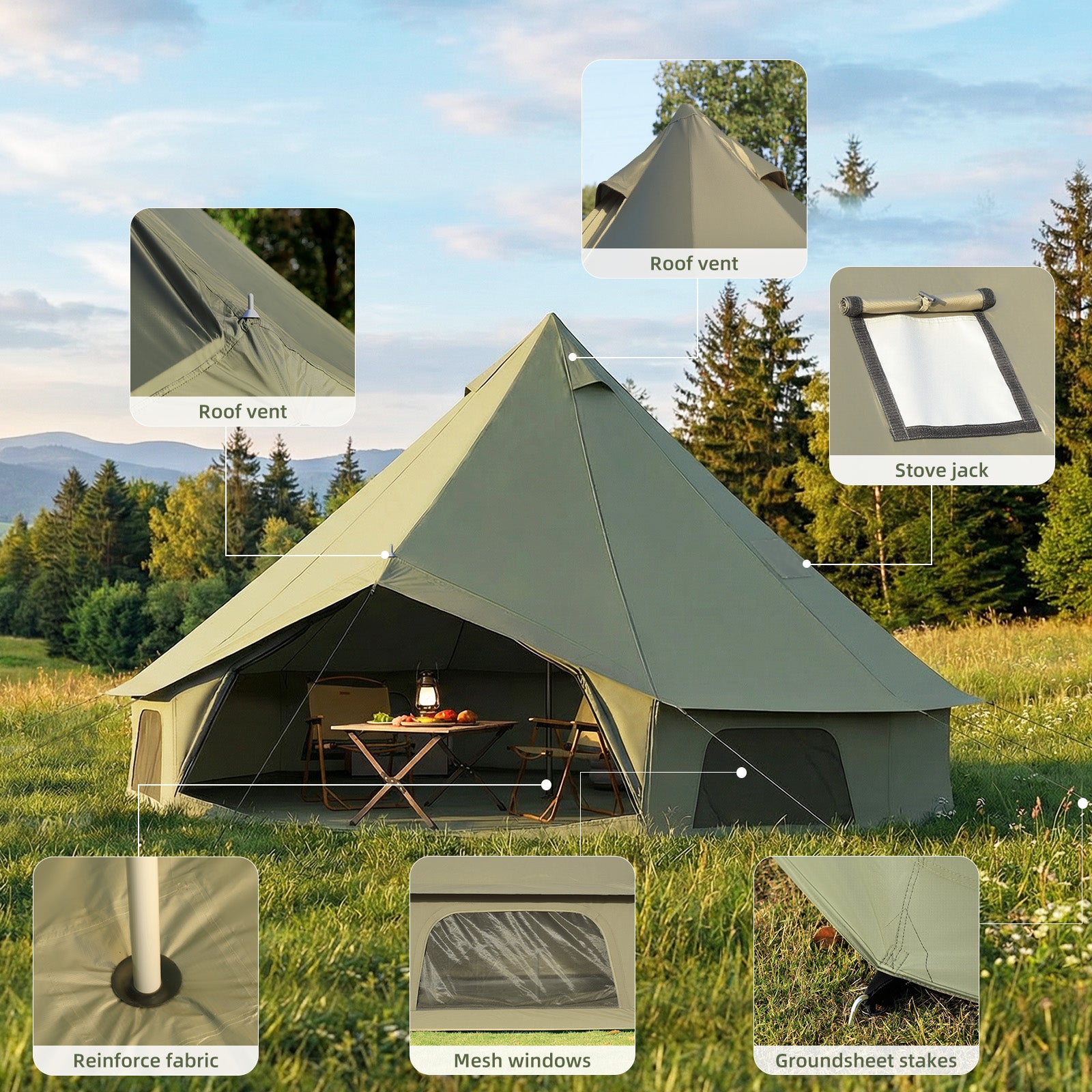 HOMREST Bell Tent for Family Camping, 9.8 FT Yurt Tent with Stove Jack, 4 Season Oxford Tents for Outdoor Party, Hot Tent Shelter Fits 3-4 People