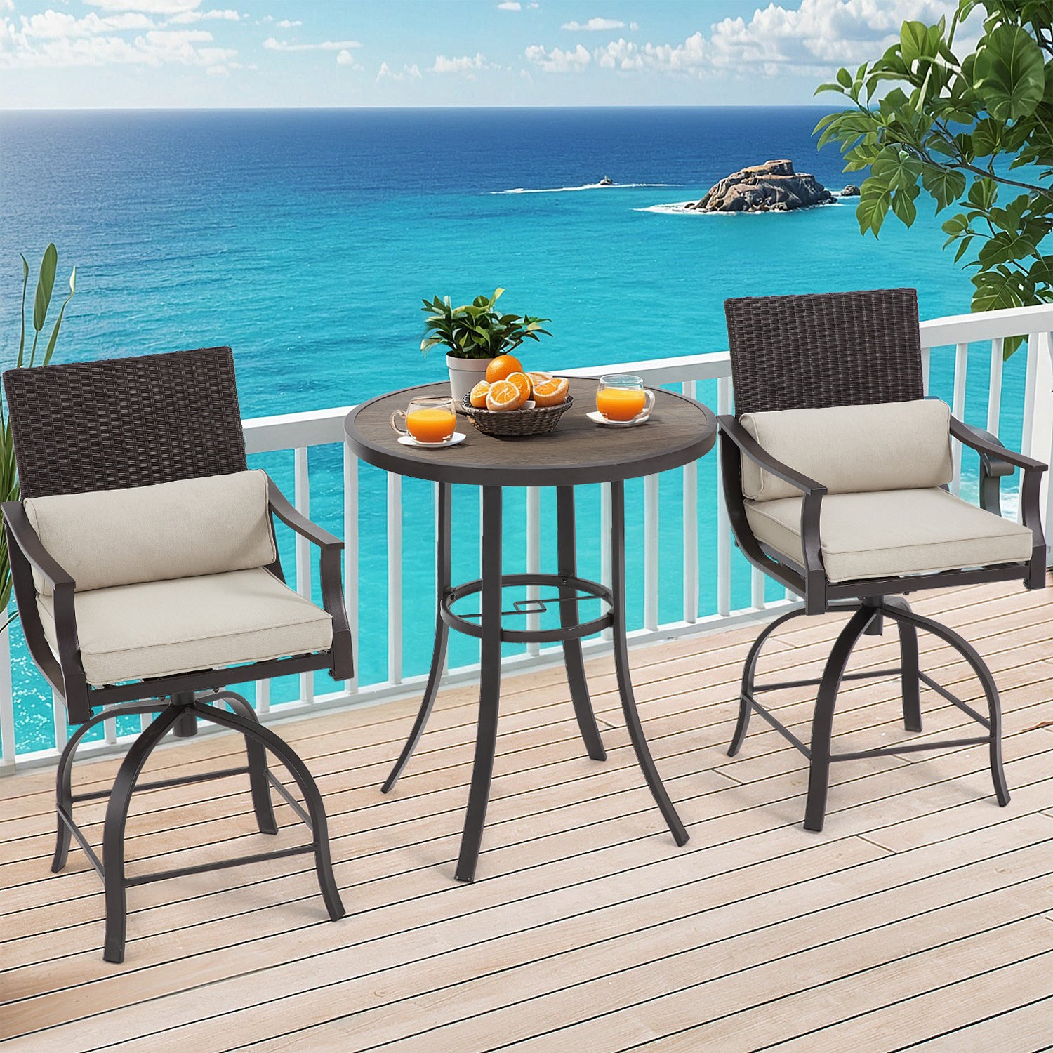 HOMREST 3 Piece Outdoor Patio Set, High Top Patio Bar Set, Beige
