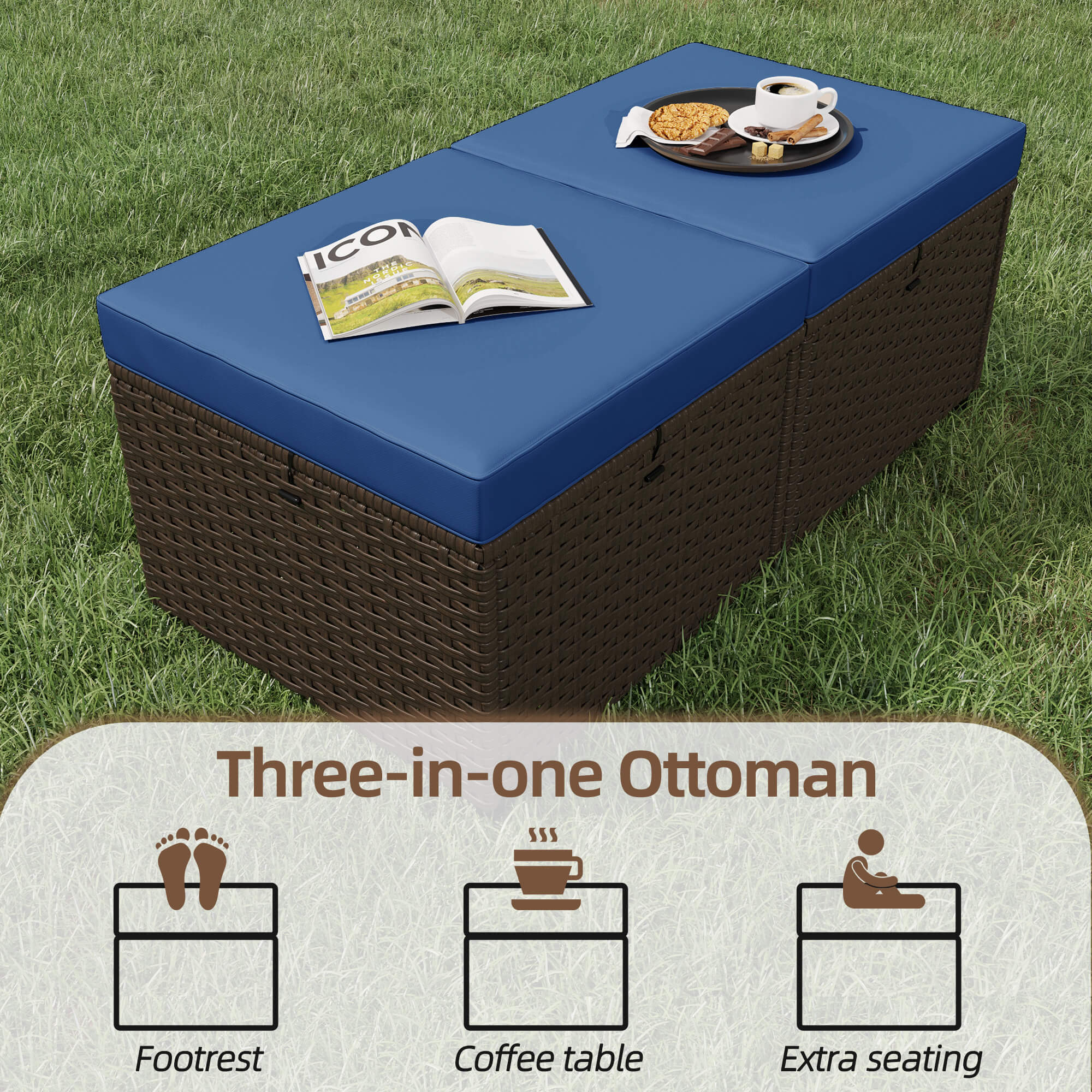 HOMREST 2 Piece All-Weather Outdoor Wicker Ottoman, Patio Footrest & Extra Seat with Thick Cushion (Navy Blue)