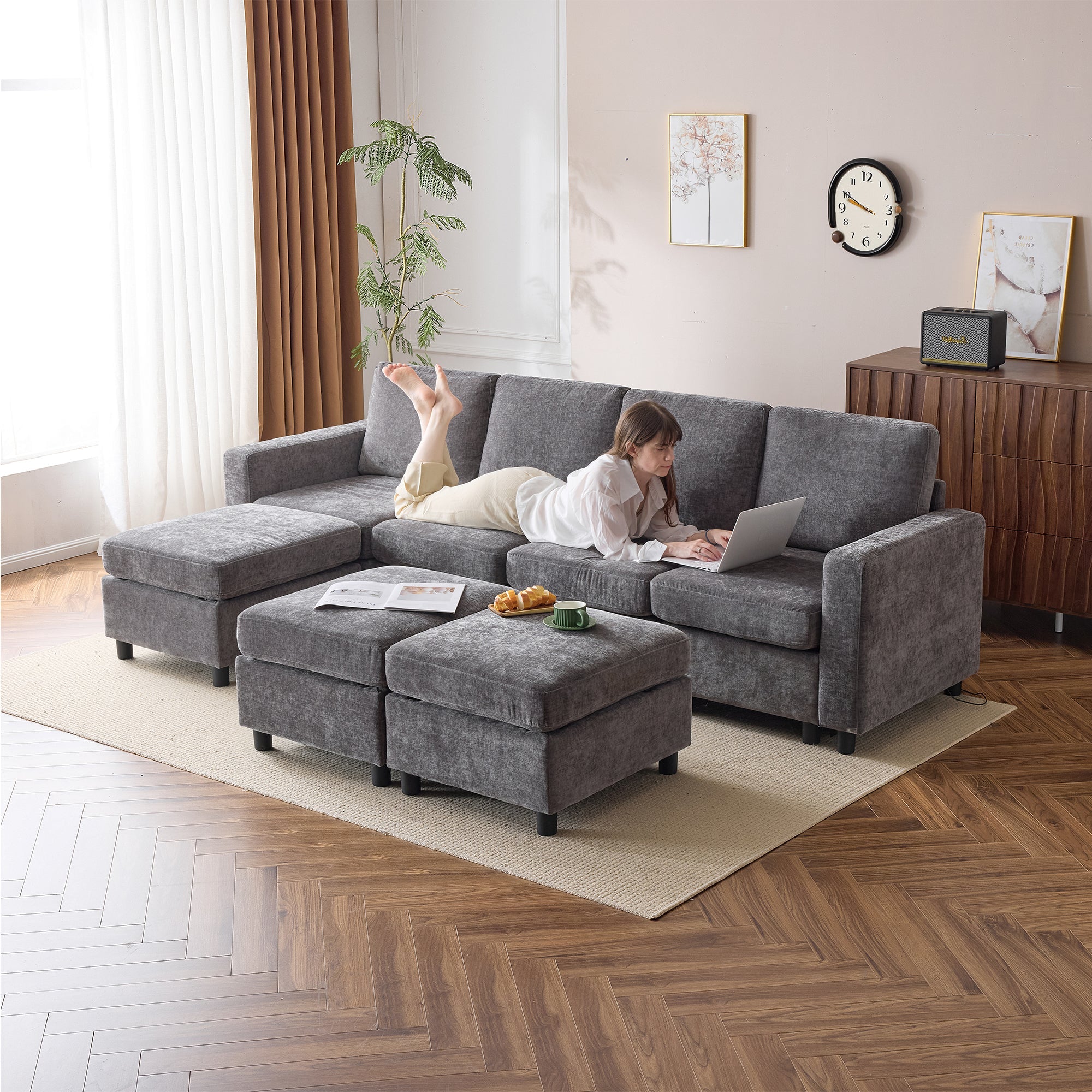 Homrest 6  Piece Modular Sectional Couch with Storage, 4 Single Seats, 2 ottomans, Dark Gray