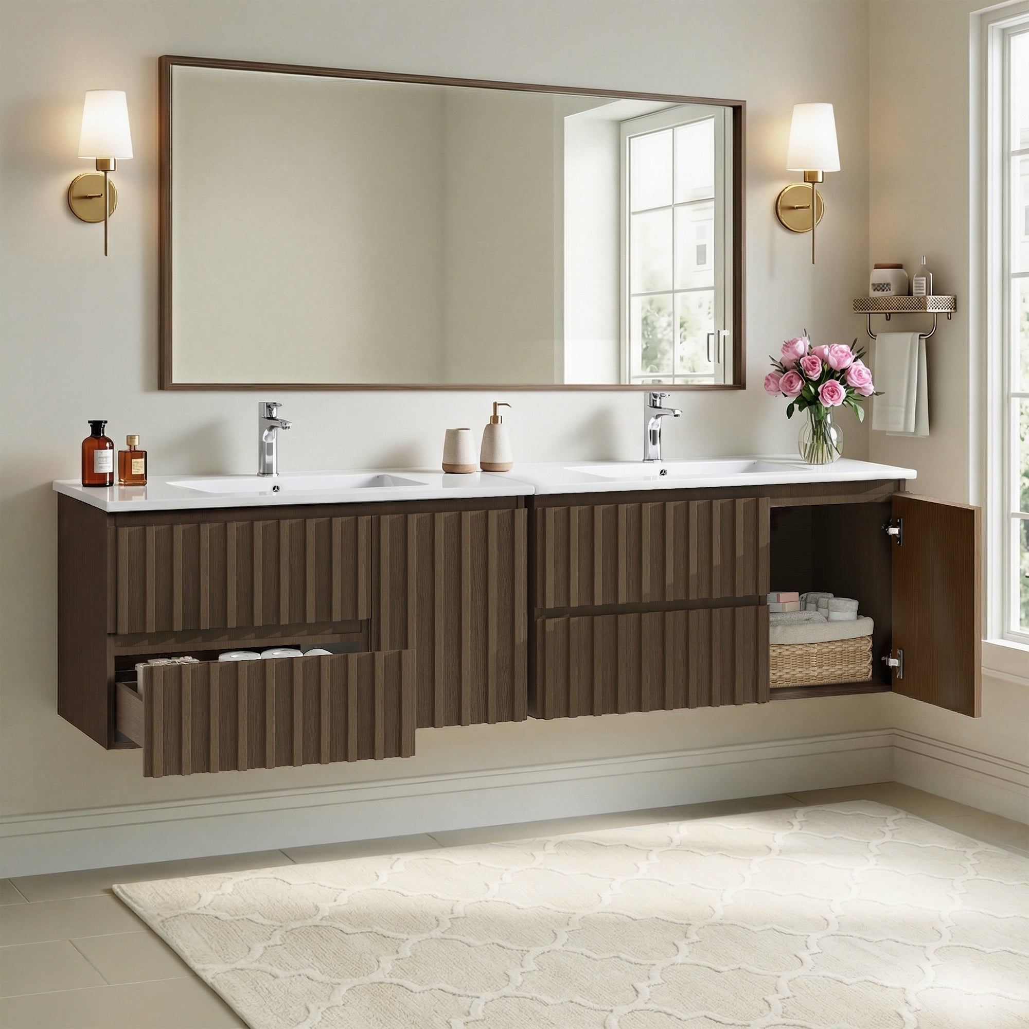 Homrest 36" Wall Mounted Single Bathroom Vanity With Ceramic Sink, Bathroom Vanity With Spacious Cabinet And 2 Soft-close Drawers,  Brown