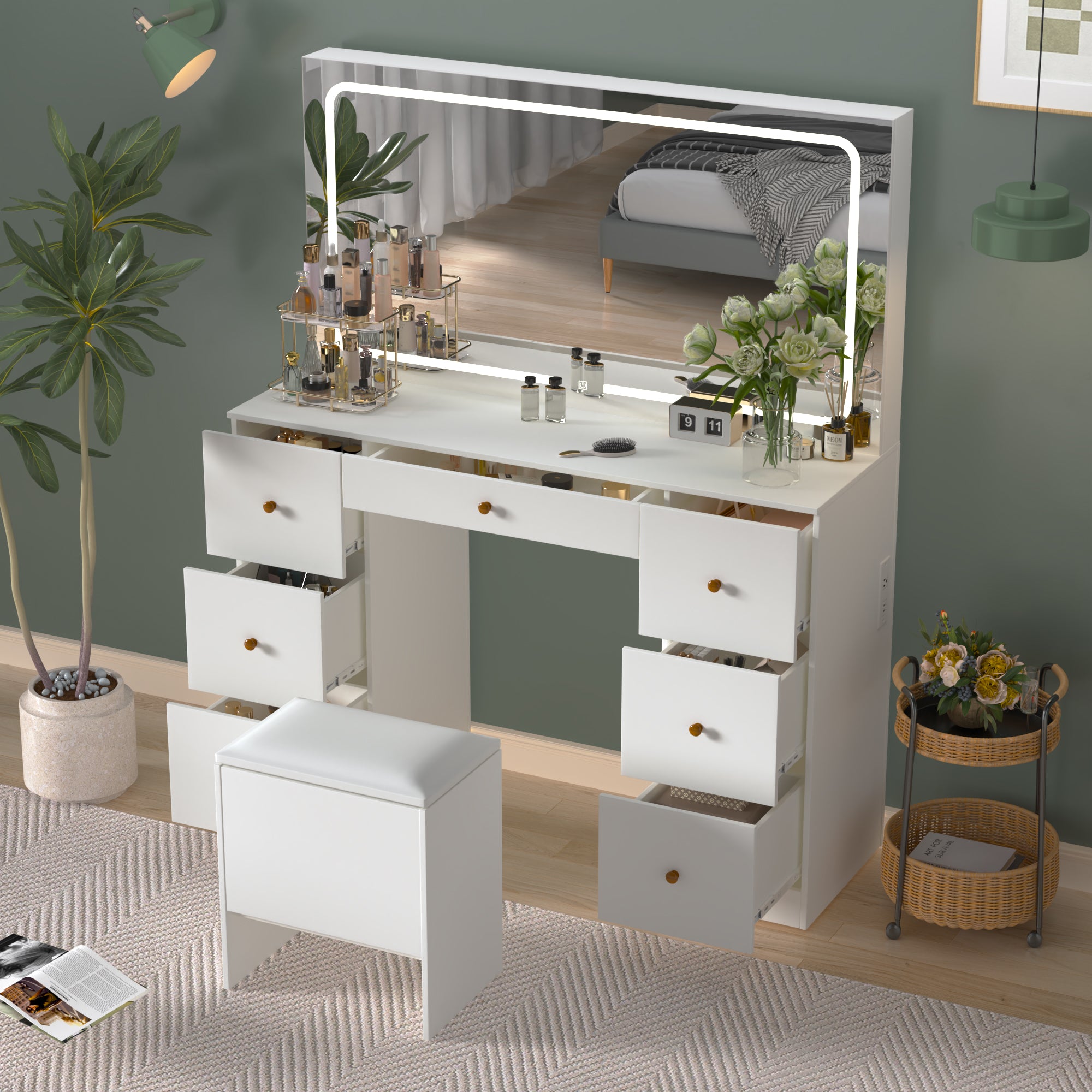 Homrest Modern Makeup Vanity Desk With Stool, USB & Power Outlet, Large Vanity Desk With Led Lighted Mirror & Charger Station , 7 Drawers Vanity Table With Cushioned Stool, White
