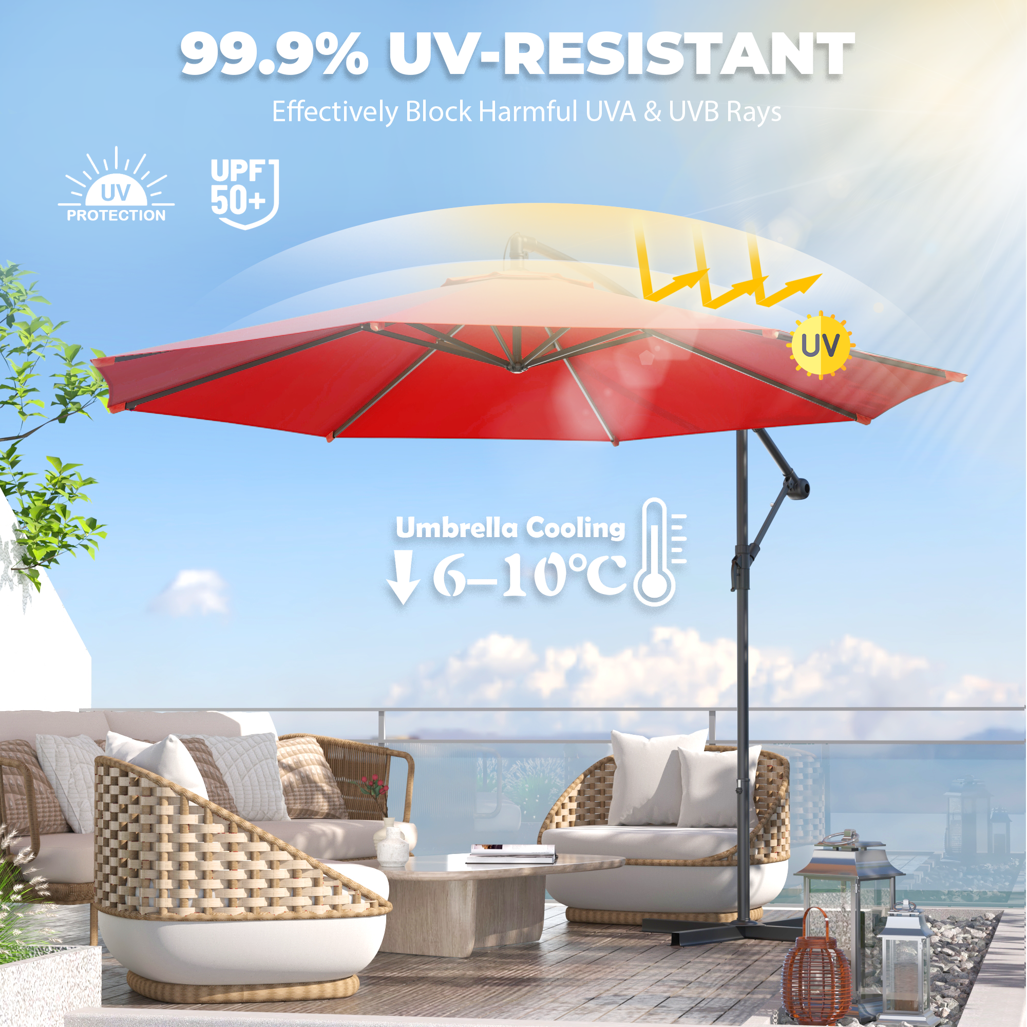 Homrest 10ft Offset Patio Umbrella - Outdoor Hanging Umbrella with Easy Tilt, 99.9% UV Protection, and Sturdy Iron Frame for Garden, Pool, Backyard, Red