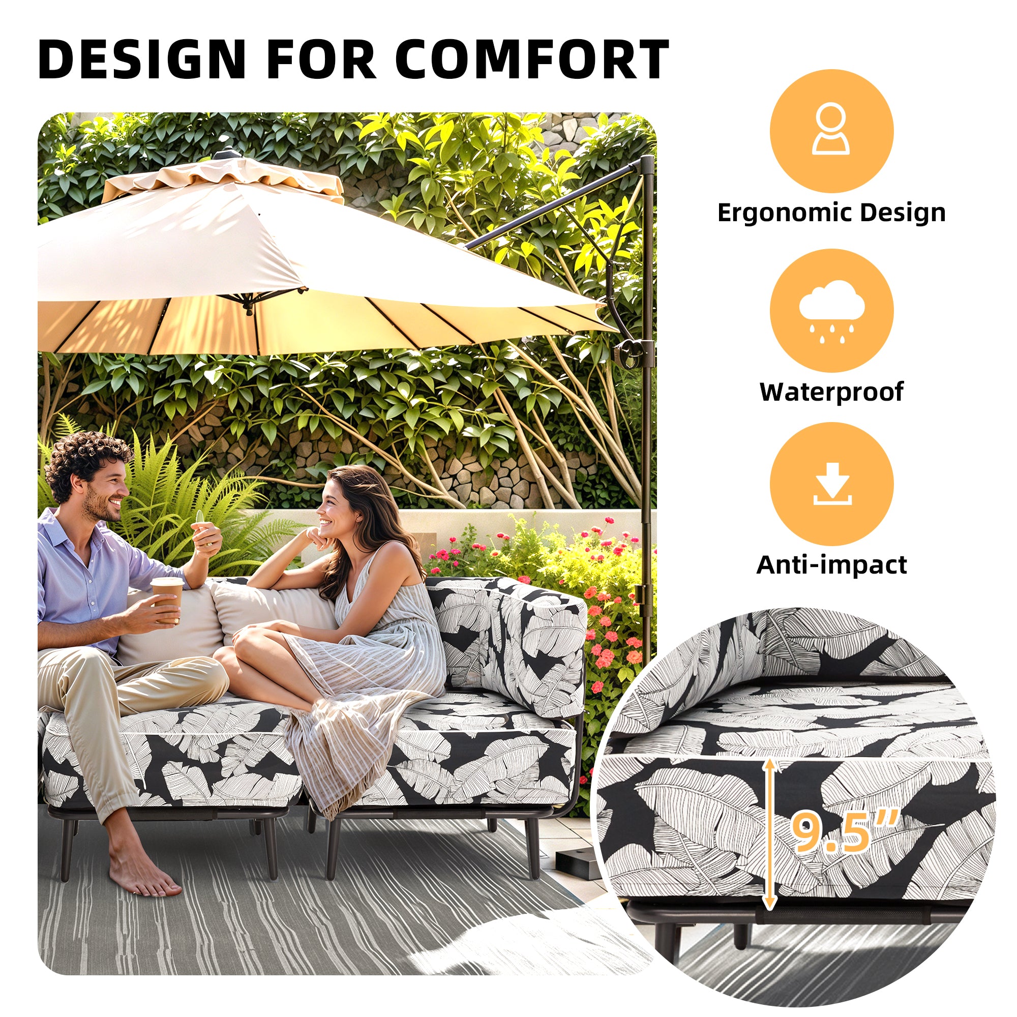 HOMREST 4-Piece Inflatable Couch Set, Portable Oxford Fabric Blow Up Couch Lounger, White Black Leaf Pattern