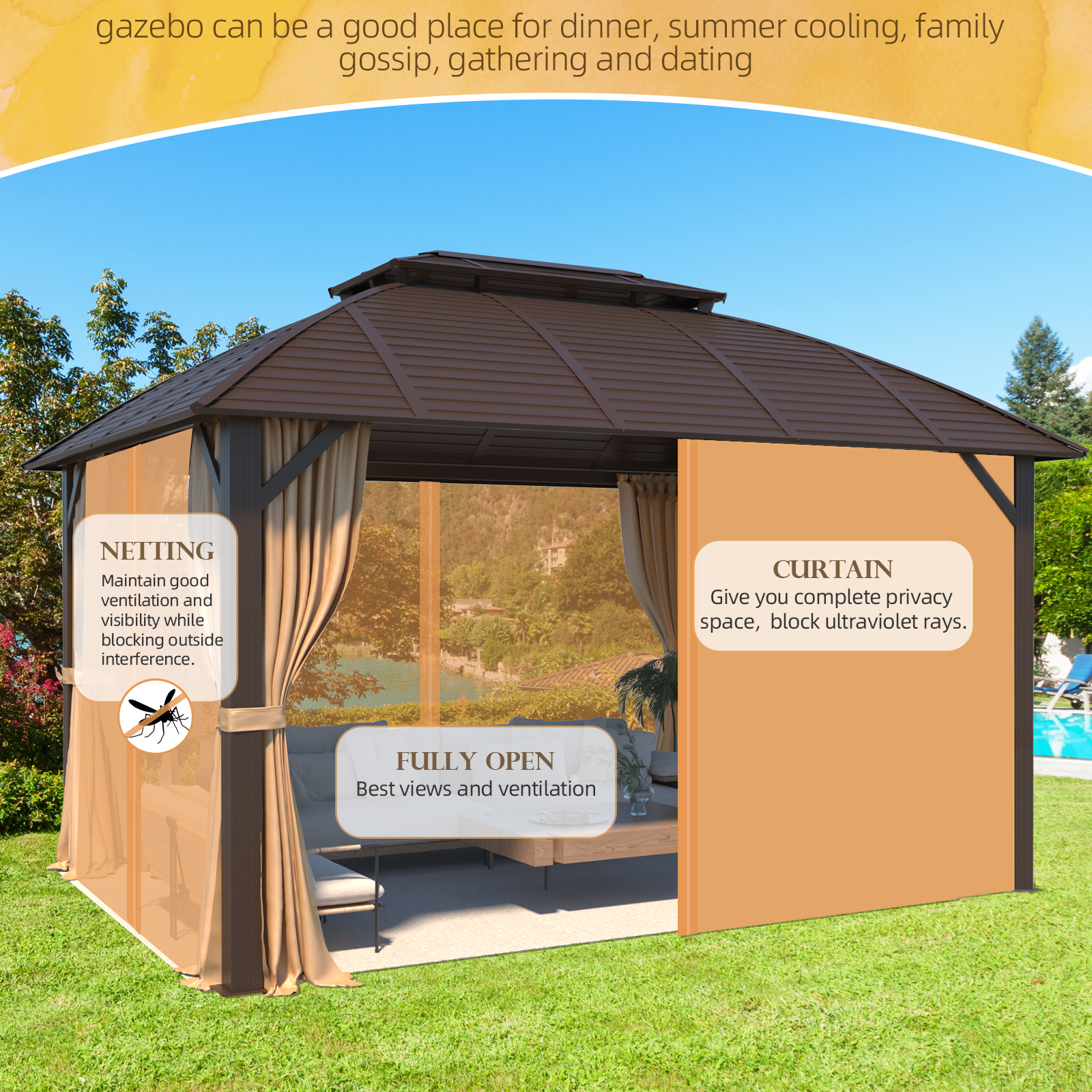 Homrest 10' x 13' Hardtop Gazebo with Galvanized Steel Roof with Aluminum Frame