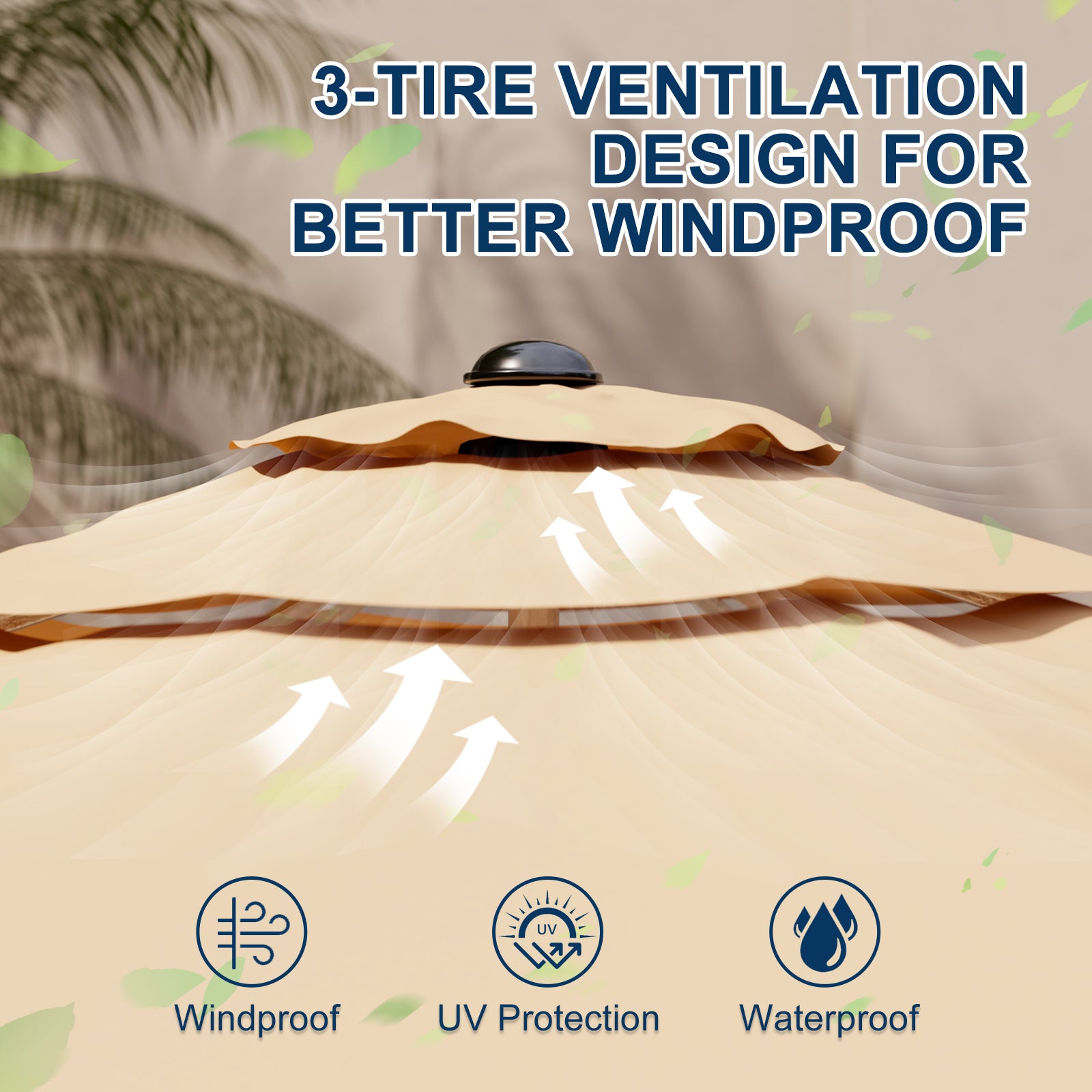 Homrest 9FT 3-Tier Aluminum Patio Umbrella, Fade-Resistant with Push Tilt, 8 Sturdy Aluminum Ribs,Beige
