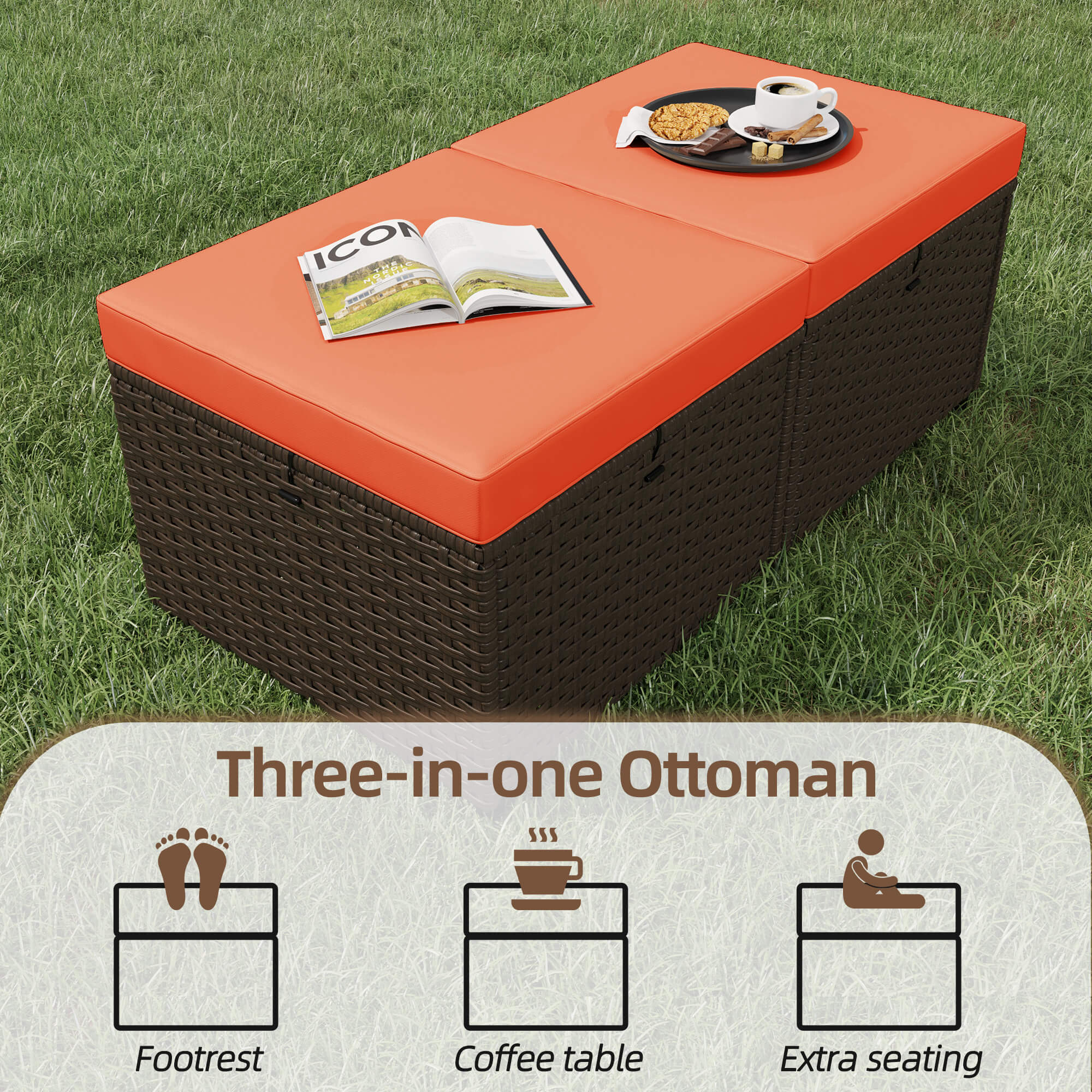 HOMREST 2 Piece All-Weather Outdoor Wicker Ottoman, Patio Footrest & Extra Seat with Thick Cushion (Orange)