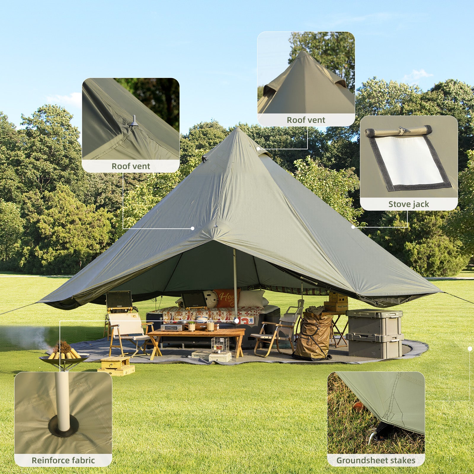 HOMREST Bell Tent for Family Camping, 16.4 FT Yurt Tent with Stove Jack, 4 Season Oxford Tents for Outdoor Party, Hot Tent Shelter Fits 3-4 People