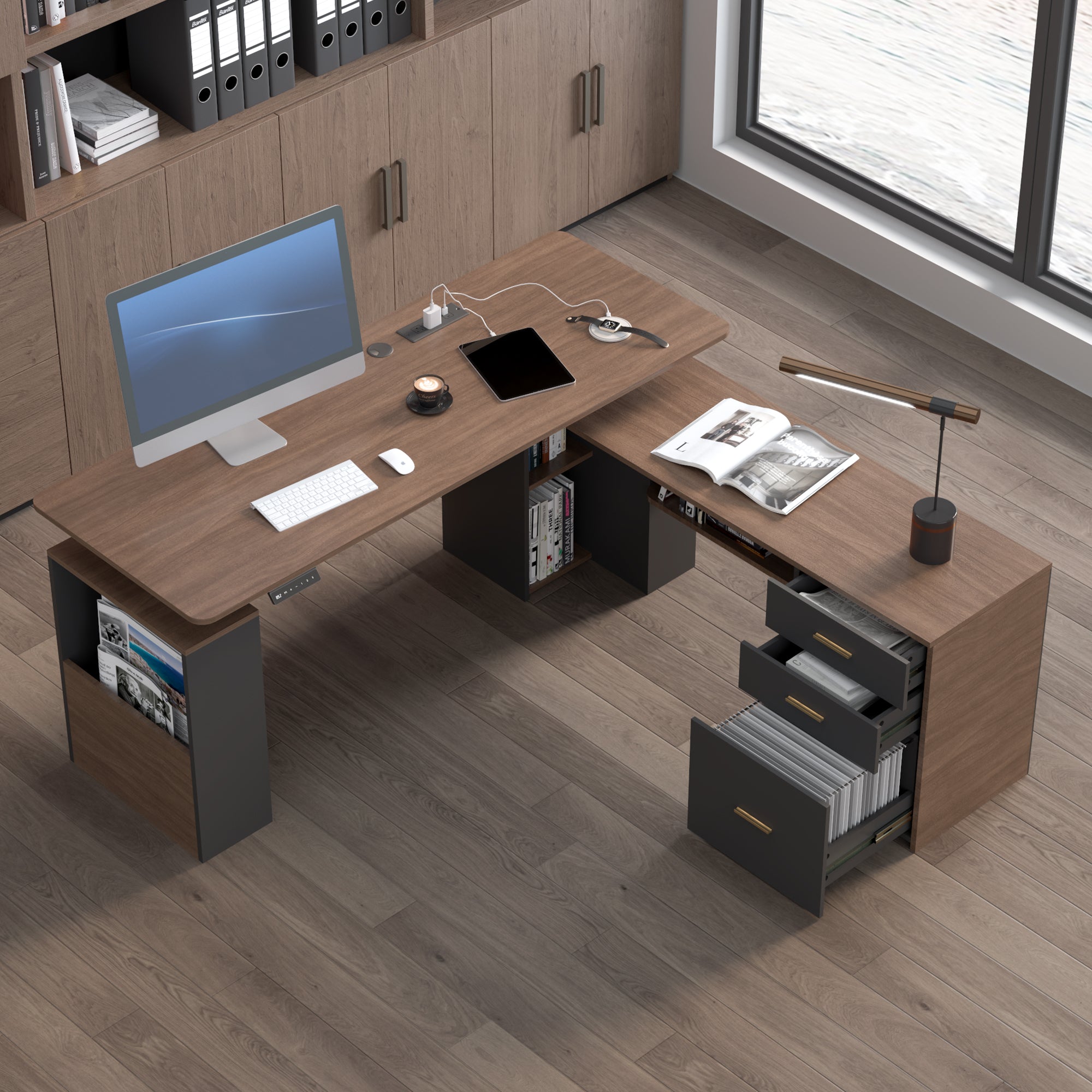 HOMREST 63" L Shaped Electric Standing Desk with Storage, Executive Adjustable Height with Power Outlets and Privacy Panel, Walnut Black