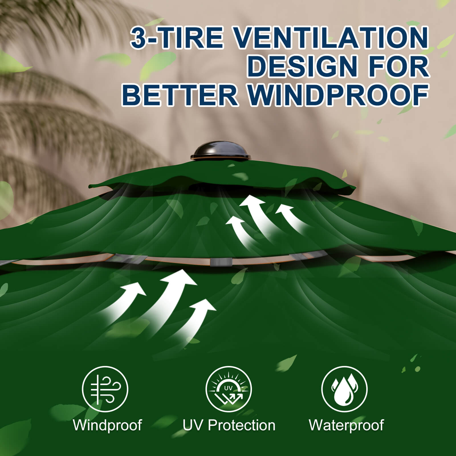 Homrest 9FT 3-Tier Aluminum Patio Umbrella, Fade-Resistant with Push Tilt, 8 Sturdy Aluminum Ribs,Green