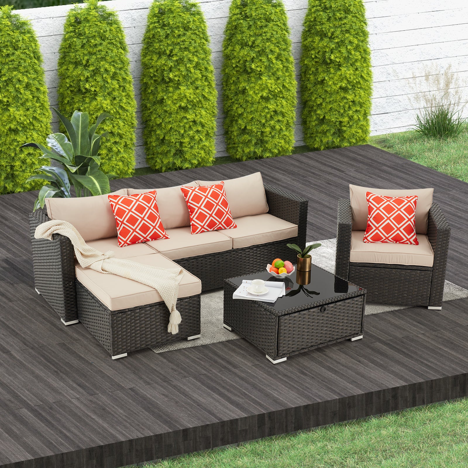 Homrest 4 pieces wicker rattan outdoor sectional sofa, patio conversation sets with storage tempered glass coffee table for garden, lawn, balcony, khaki