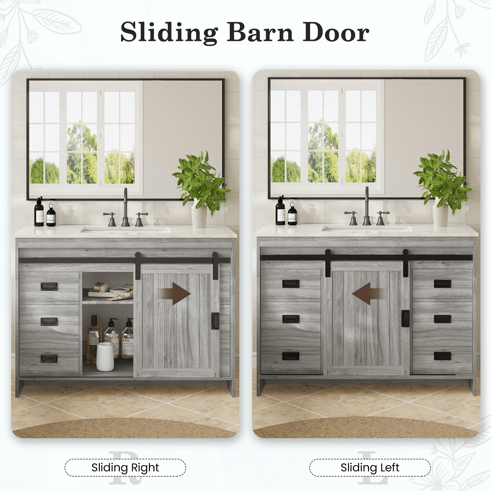 HOMREST 48" Farmhouse Single Bathroom Vanity with Engineered Stone Top, Sliding Barn Door Sink Vanity, Gray
