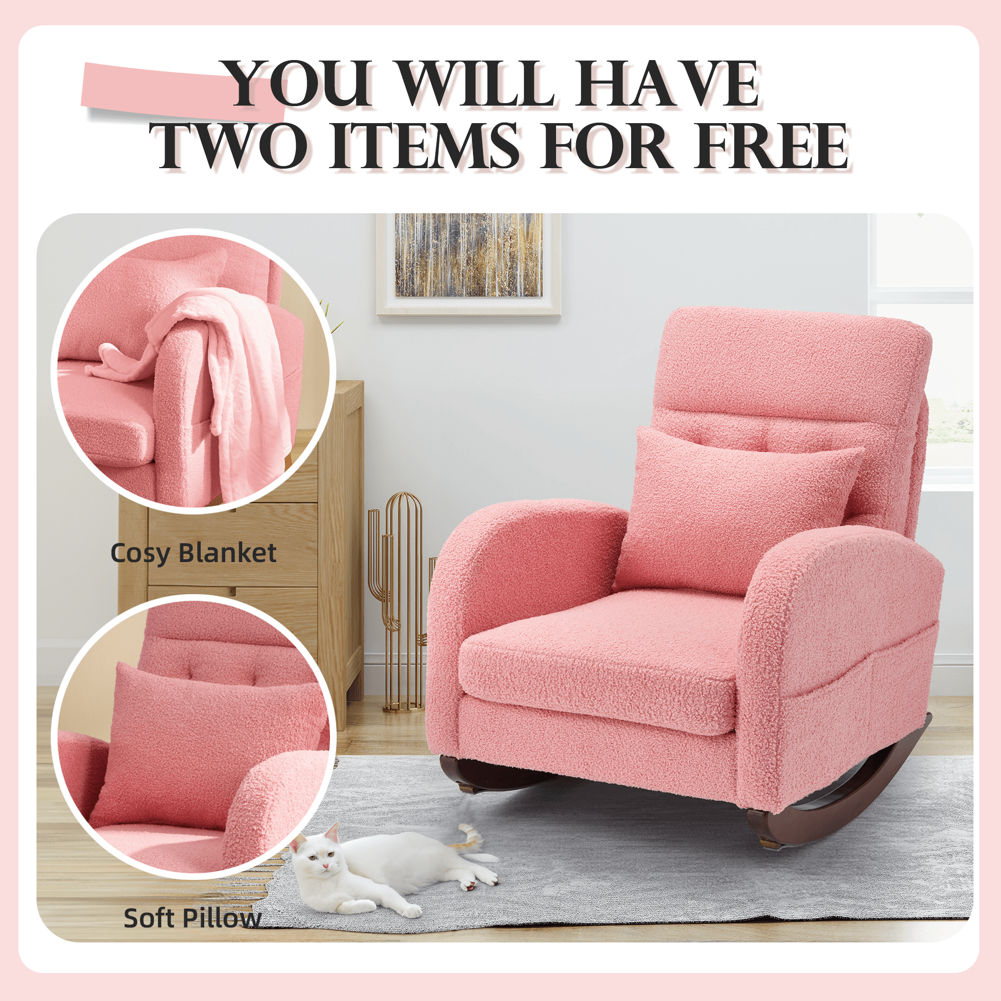 Homrest Teddy Fleece Low Seat Rocking Chair with Blanket & Lumber Pillow, Nursery Glider Chair with Side Pockets