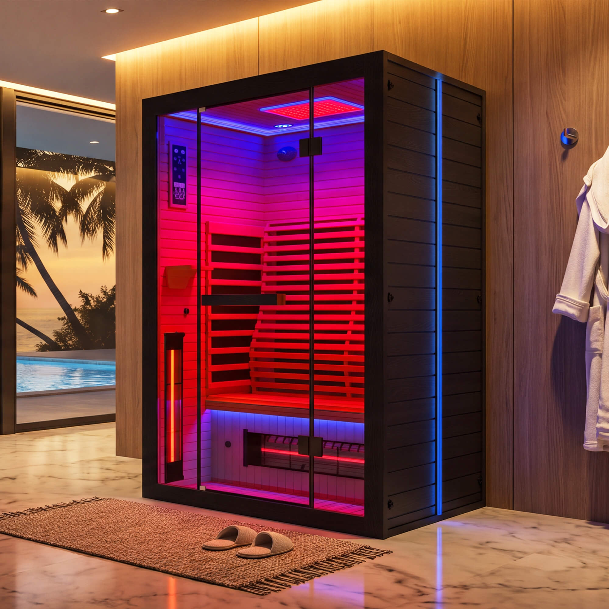 HOMREST 2 Person Infrared Sauna with Red Light Therapy, 360° Fast Heating, 7-Color LED & Bluetooth, Adjustable Seat, Black