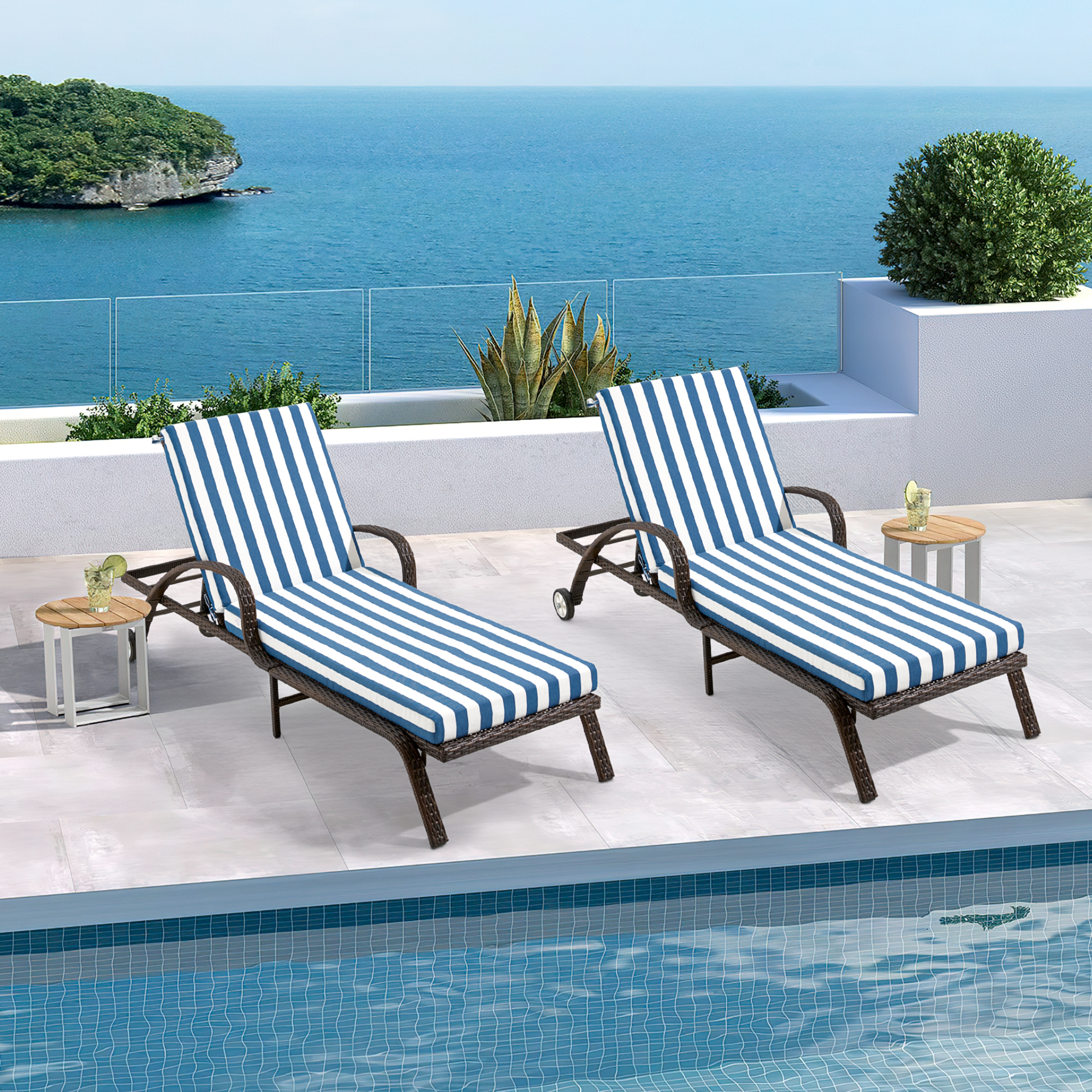 HOMREST Outdoor Lounge Chair Cushion Replacement Set of 2, Blue Stripes