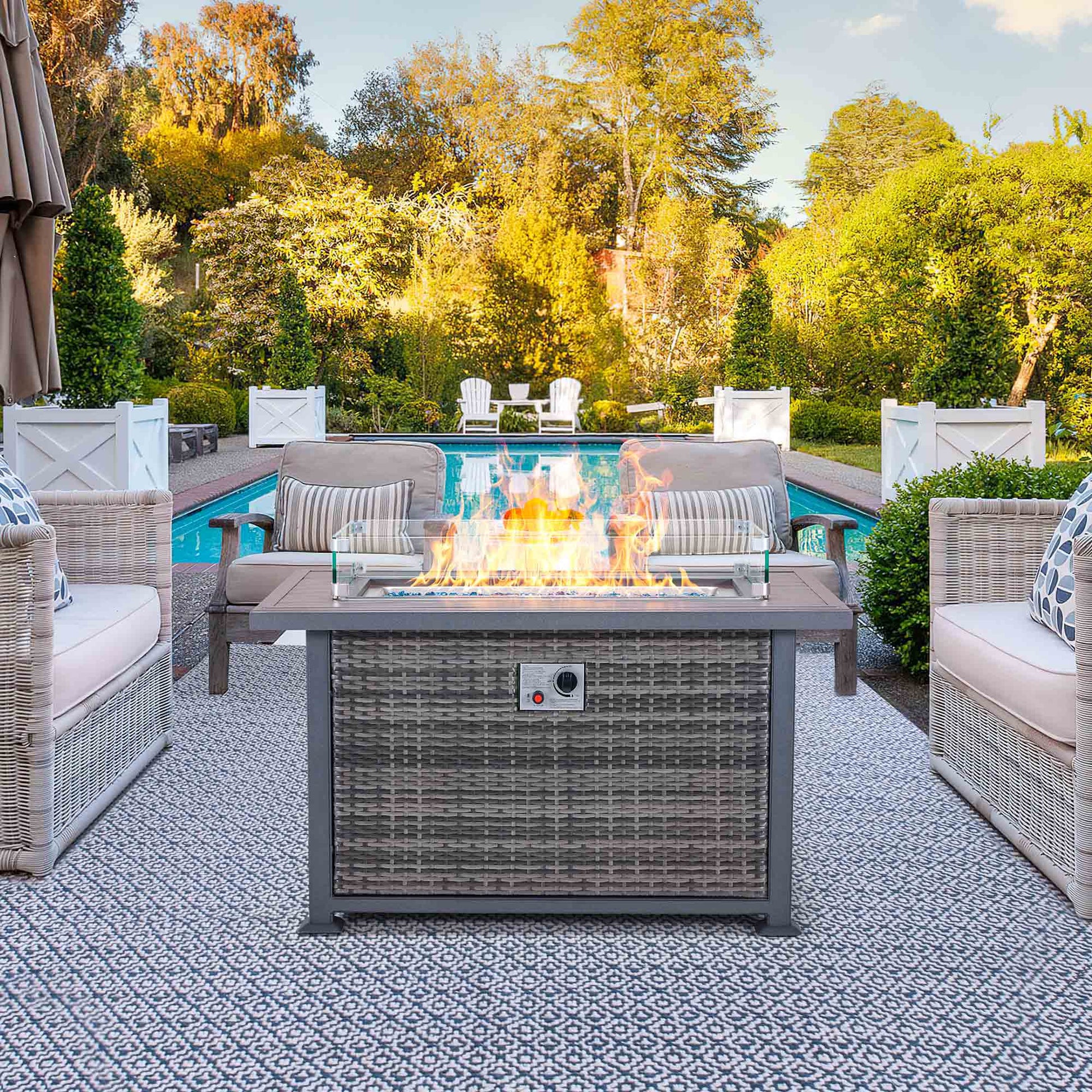 44 in Propane Fire Pit with Aluminum Table Top and Glass Wind Guard, Dark Gray