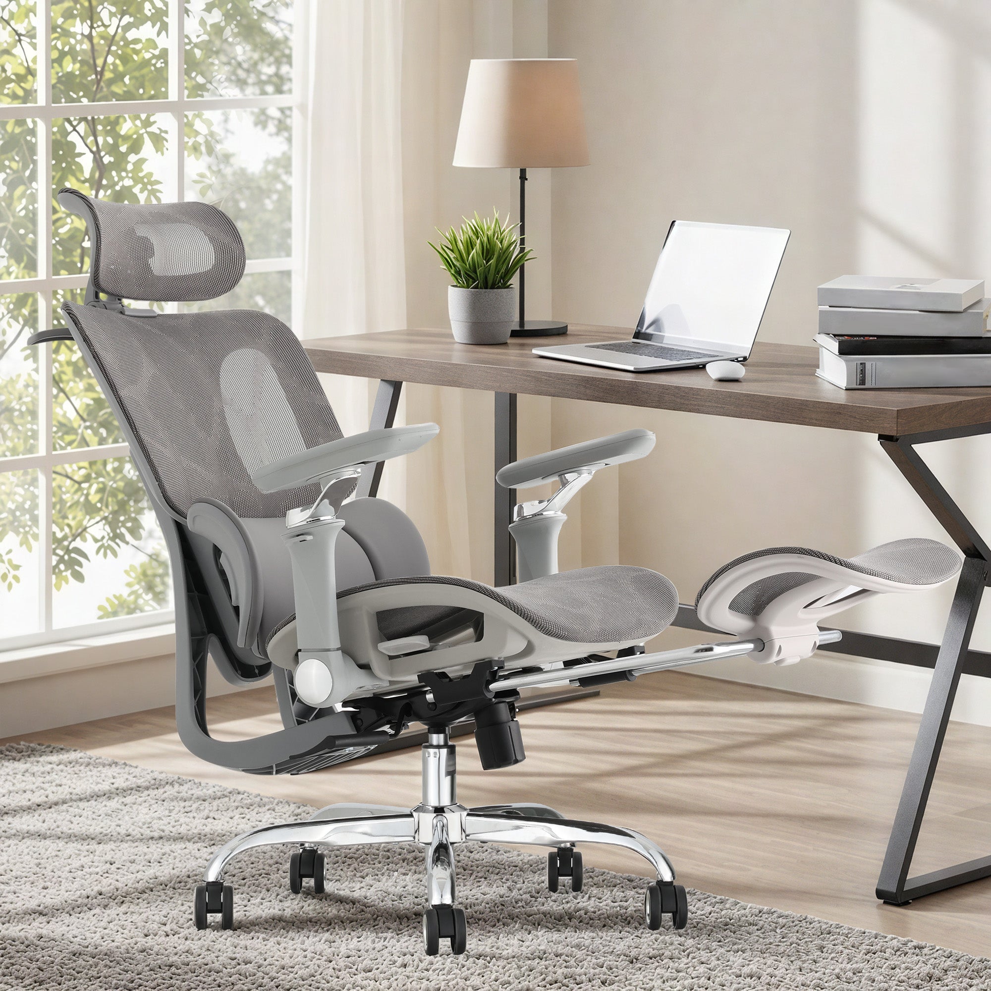 HOMREST Ergonomic Office Chair with 3-Zone Dynamic Lumbar Support, Big and Tall Mesh Office Chair with Footrest, Adjustable Seat Depth,4D Headrest,6D Armrests, Swivel Executive Chair for Home Office, Grey