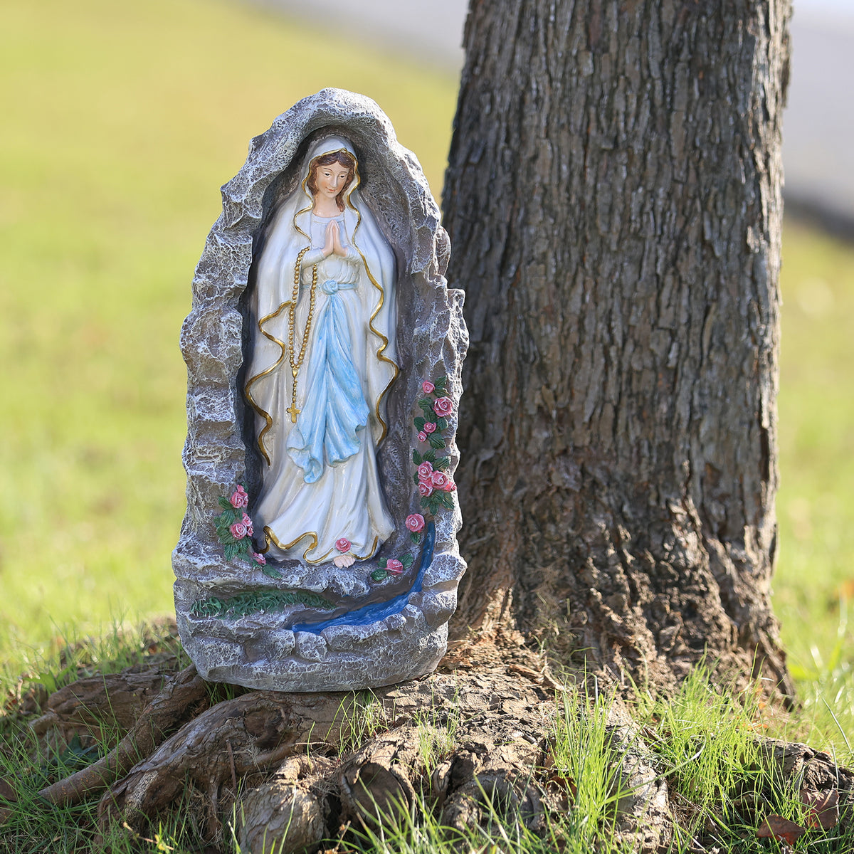 HOMREST Our Lady of Lourdes Statue 17.3 Inch Virgin Mary Grotto Figurine Catholic Praying Sculpture for Garden Home Patio Religious Decor