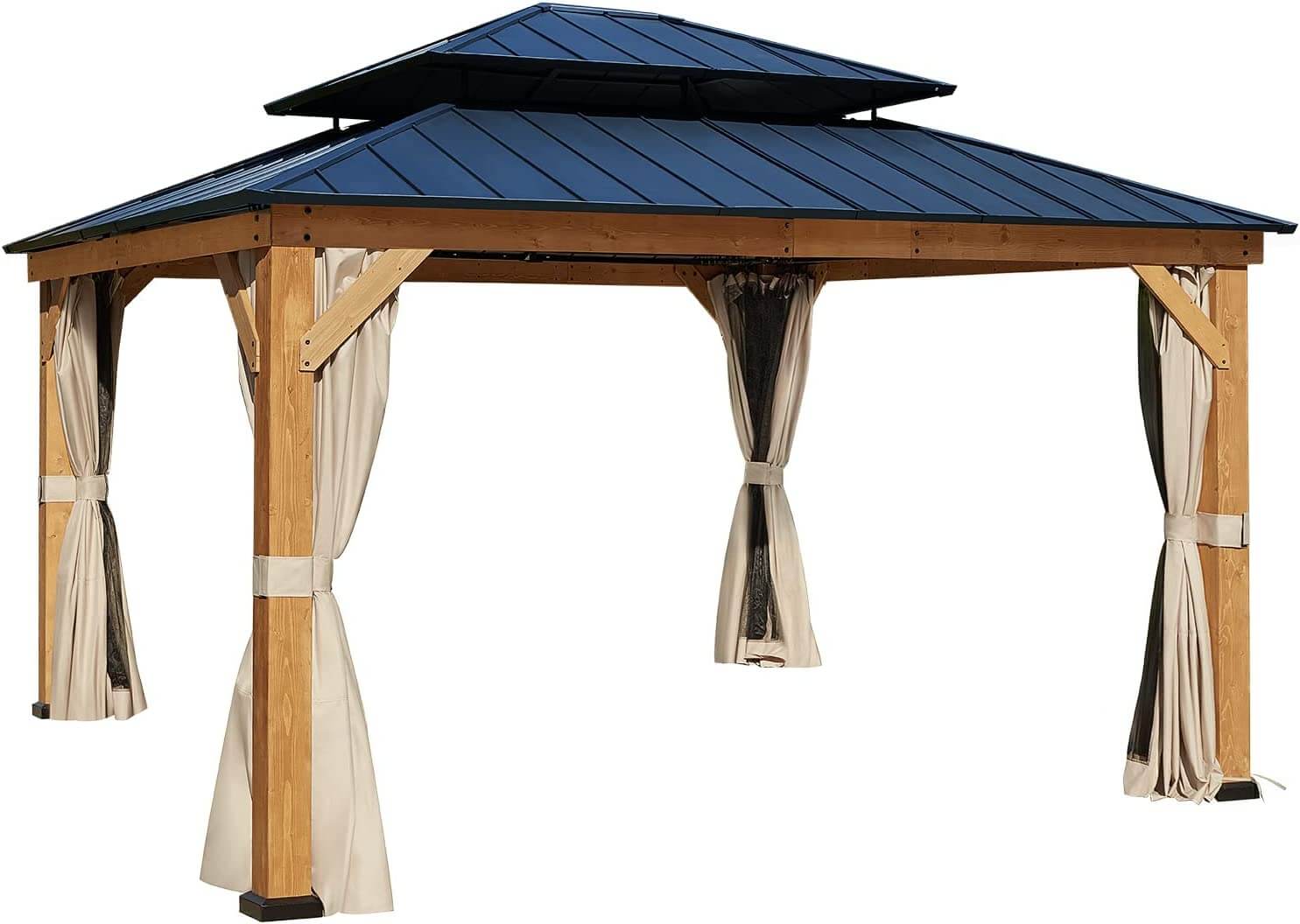 Homrest 13' x 15' Outdoor Cedar Wood Hardtop Gazebo w/ Double Metal Roof, Curtains & Nettings