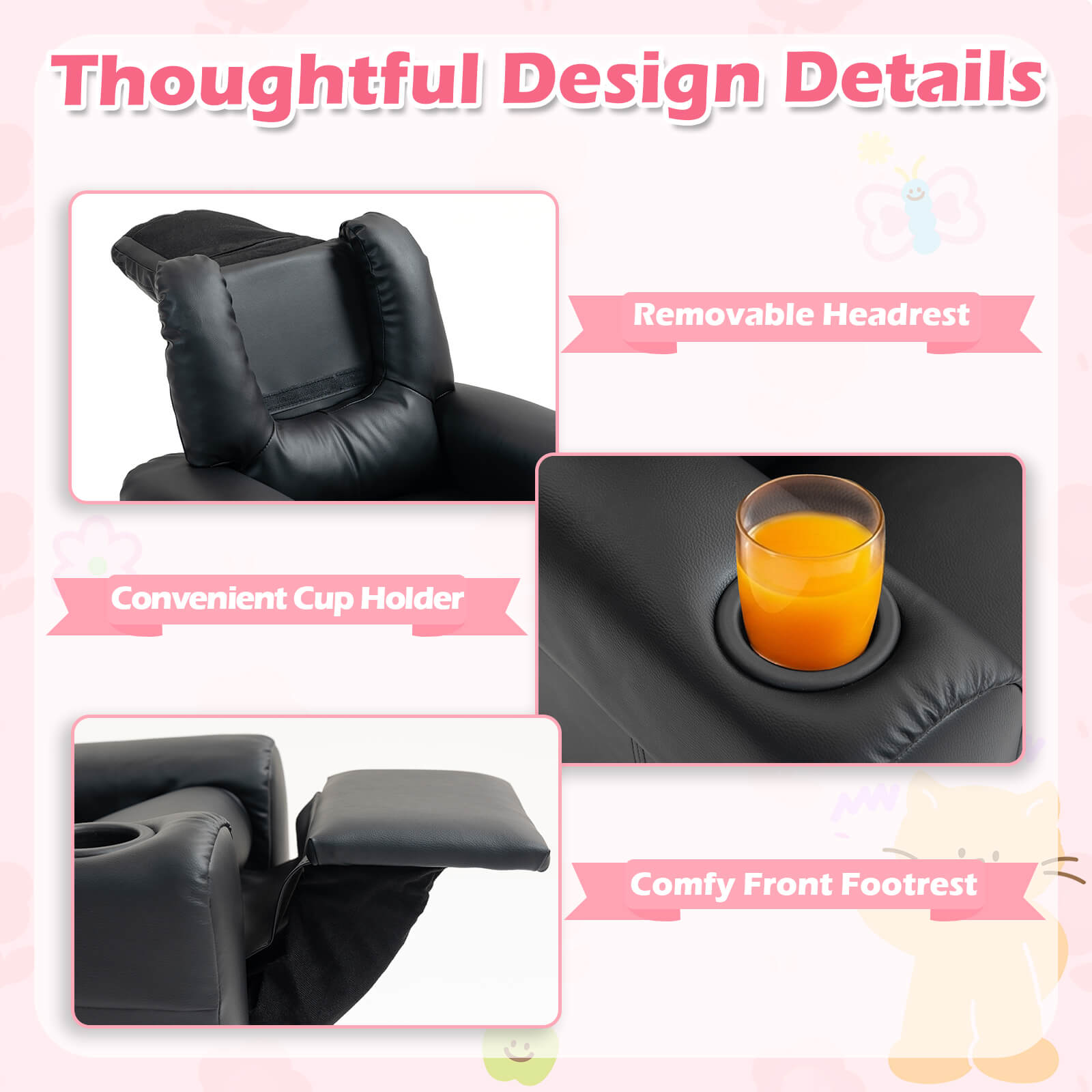 HOMREST Kids Recliner Chair with Cup Holder, Leather Toddler Recliner with Adjustable Backrest, Curved Rocking Legs and Comfy Armrests, Black