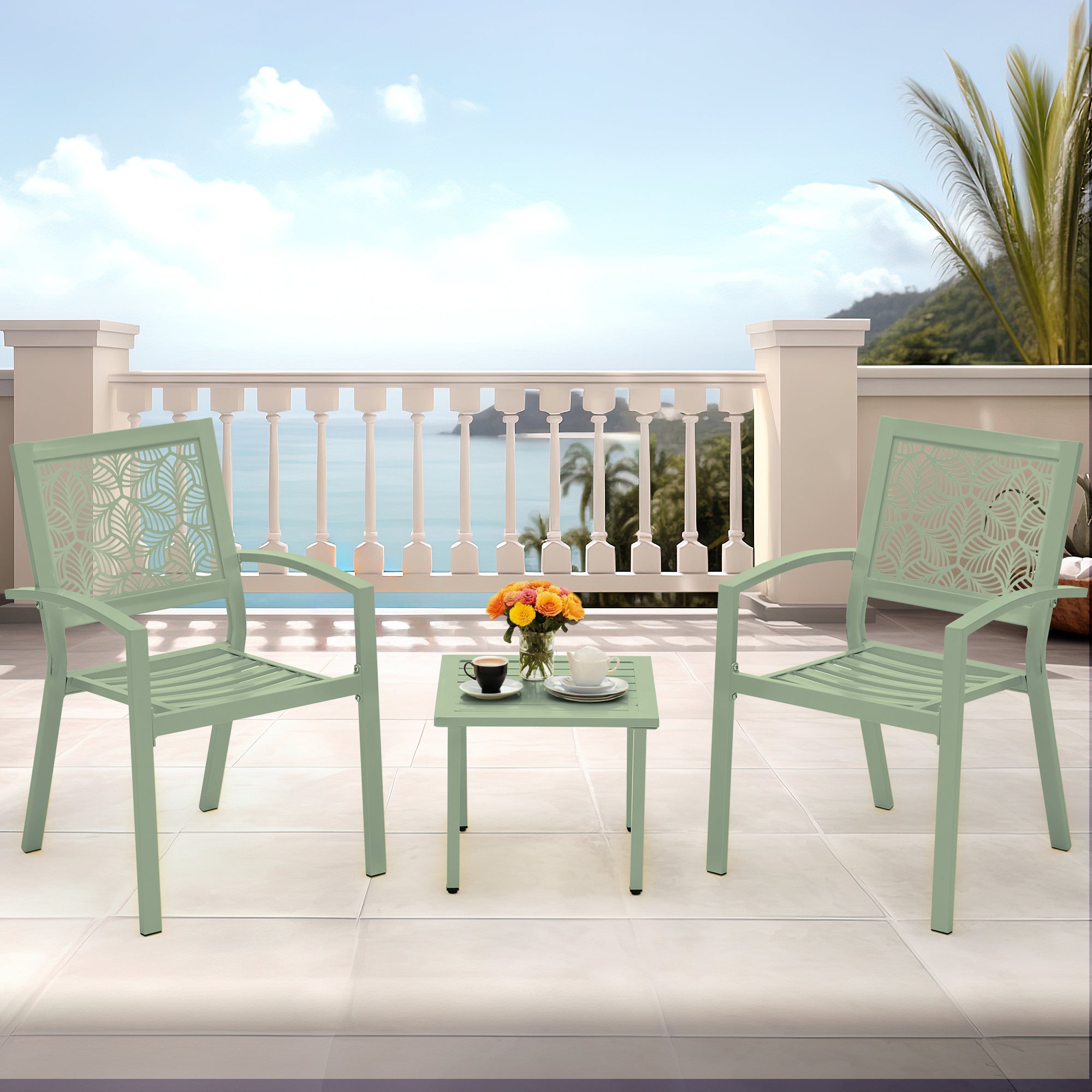 HOMREST 3-Piece Outdoor Bistro Set – Metal Chairs & Table, Sage Green