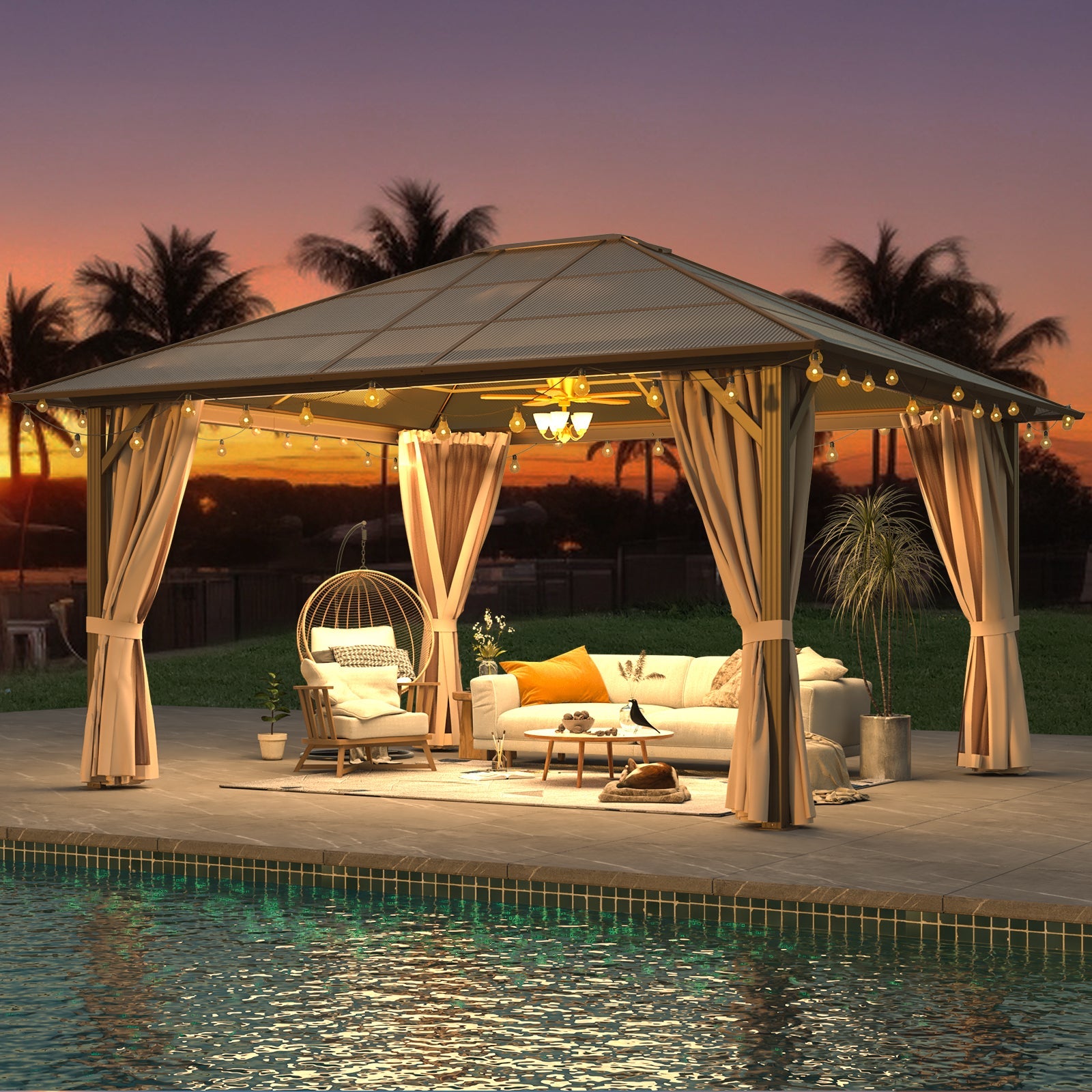Homrest 12'x14' Hardtop Gazebo, Outdoor Polycarbonate Roof Canopy, Aluminum Frame Permanent Pavilion with Curtains and Netting