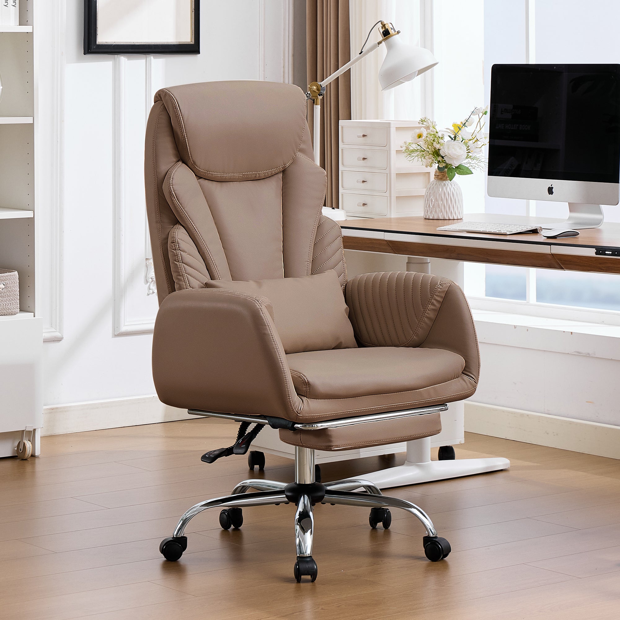 HOMREST Modern Cross Legged Office Chair with Footrest,Leather Ergonomic Executive Chair with Lumbar Pillow, Brown