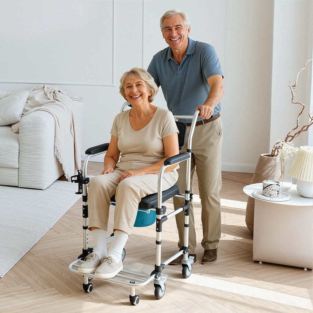 HOMREST 4-in-1 Bedside Commode Shower Wheelchair for Elderly and Disabled, Commode Chair with 4 Lockable Wheels, Detachable Bucket, Padded Seat and Armrests, Flip-Up Footrest, Black