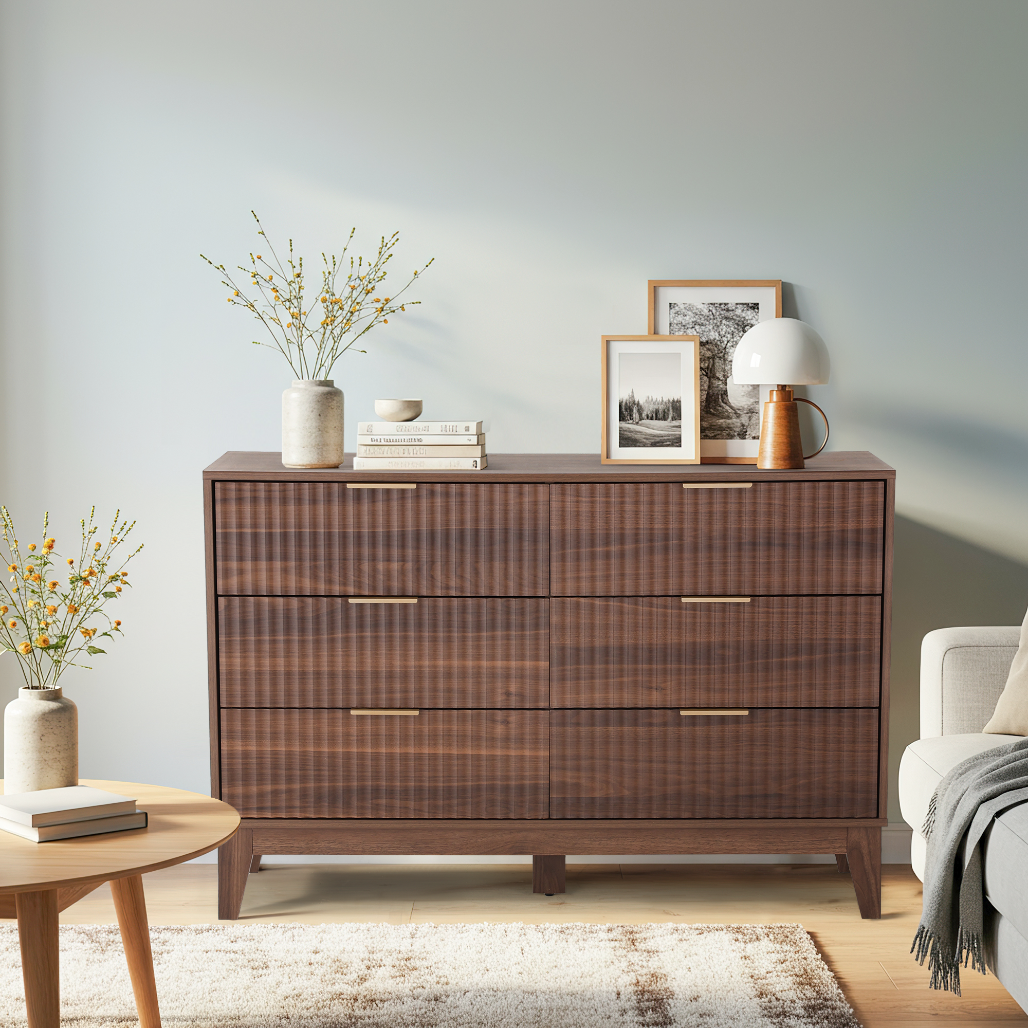 HOMREST Fluted Dresser for Bedroom, 6 Drawer Modern Dresser, Wide Modern Chest of Drawers with Metal Handle, Mid Century Modern Dresser, Walnut