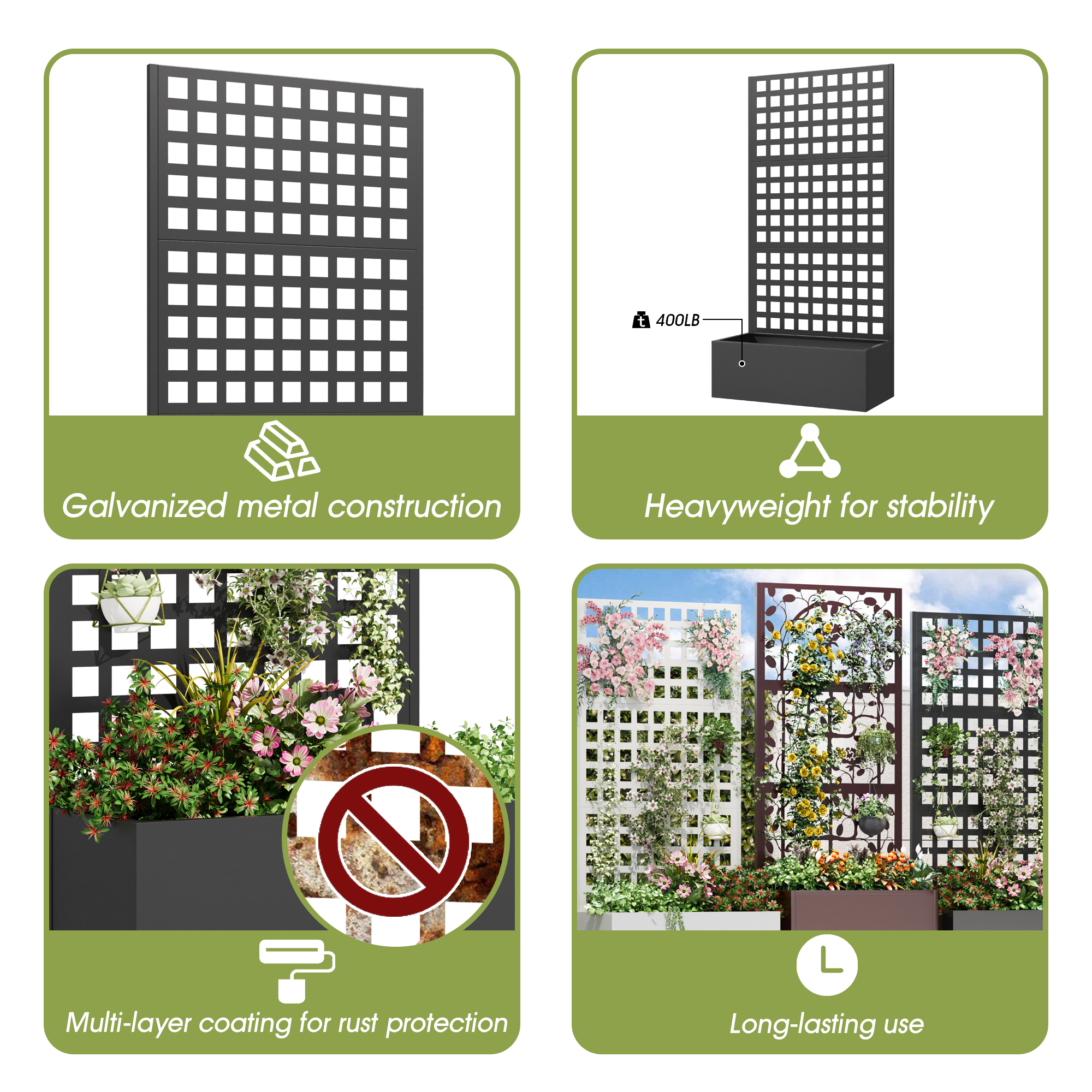 HOMREST Metal Planter Box with Trellis, 71"x 35"x 16" Raised Garden Bed with Trellis, Planter Box Trellis with Privacy Screen and Drainage Holes, Black