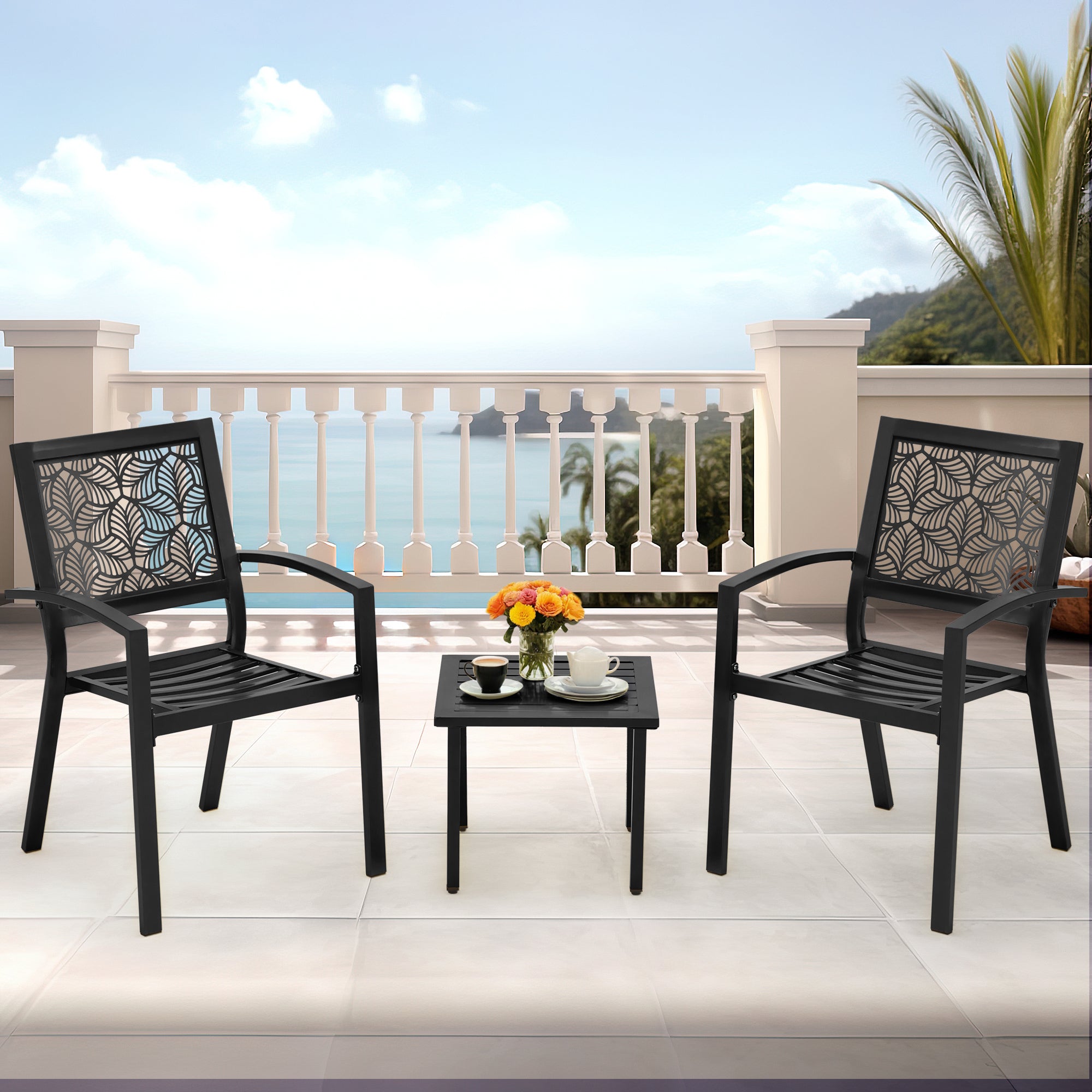 HOMREST 3-Piece Outdoor Bistro Set – Metal Chairs & Table, Black