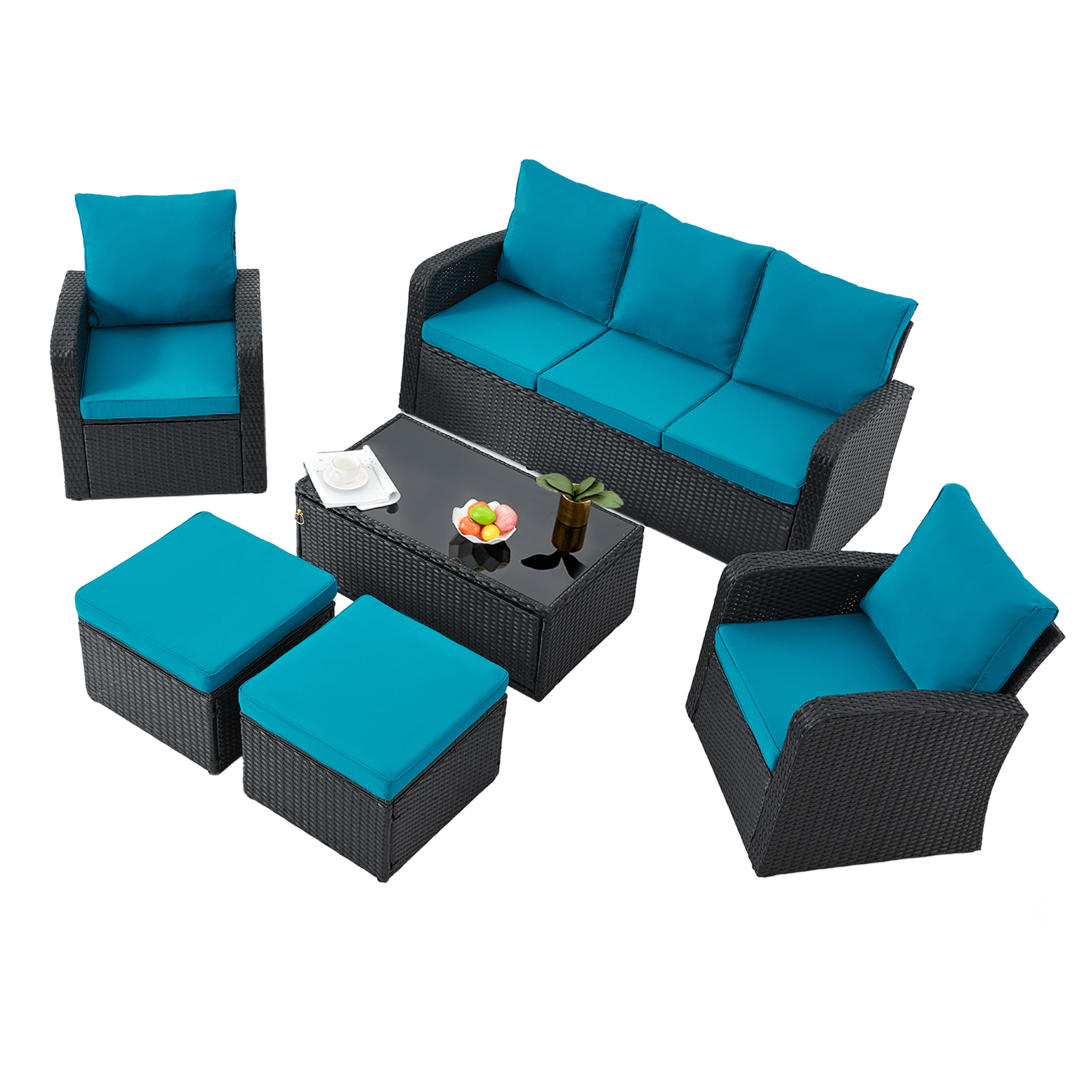 Homrest 6 Pcs Patio Furniture Sets with Coffee Table, Ottomans, Cushions & Pillows, Peacock Blue