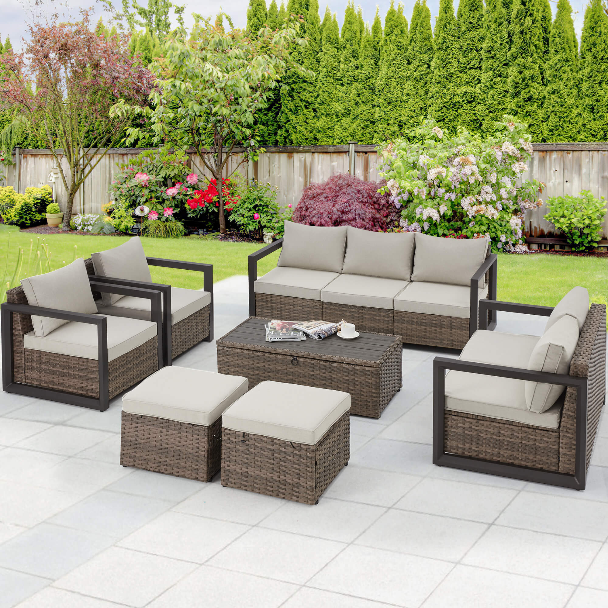 HOMREST 7 Pieces Aluminum Patio Furniture Set, PE Rattan Sectional Sofa Set with Storage Table, Modern Patio Conversation Sets w/ 2 Ottomans, Beige