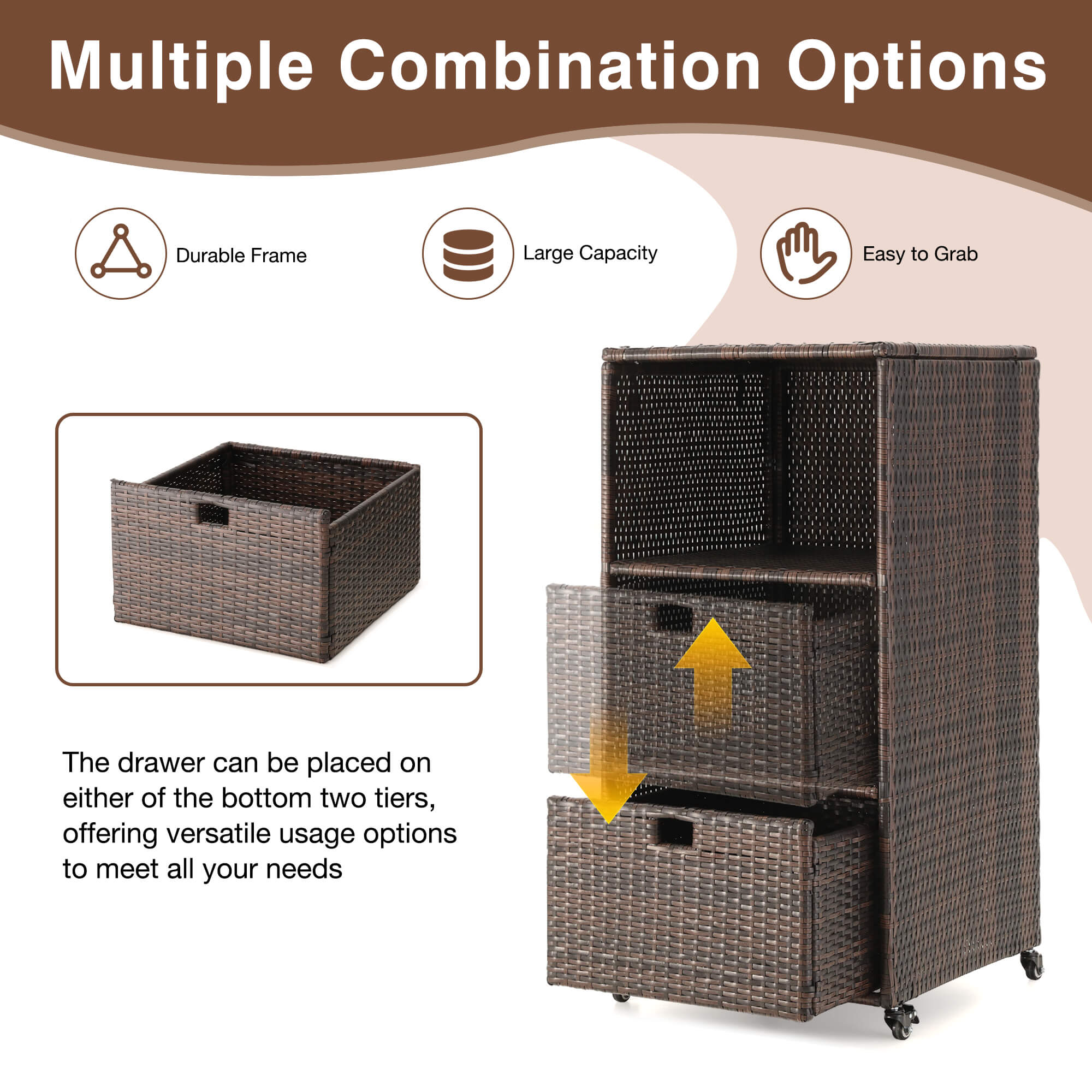HOMREST Outdoor Pool Towel Rack with Storage Cabinet, Waterproof PE Rattan Wicker Poolside Towel Organizer with Shelves & Drawer, Rolling Wheels Towel Valet Caddy, Brown