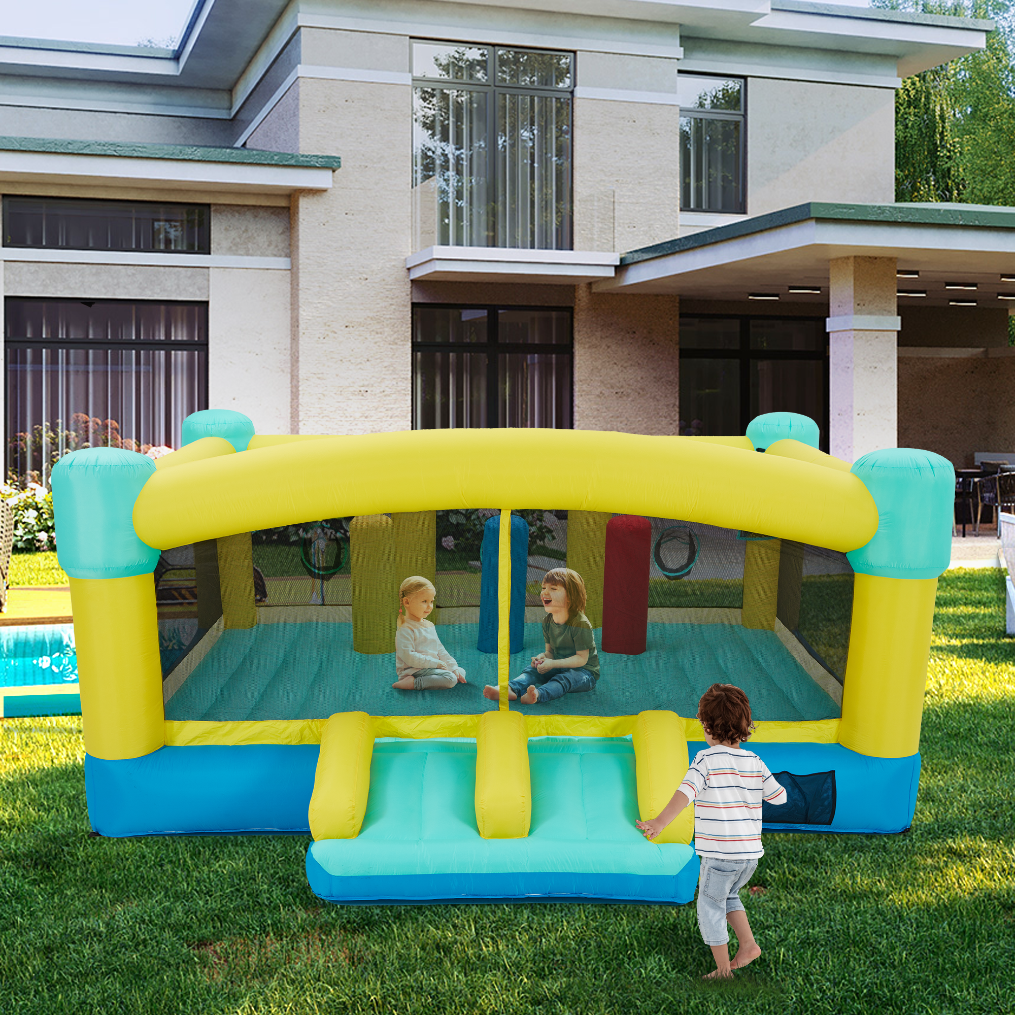 Homrest Inflatable Trampoline Bounce House , Jumping Castle with Blower and Basketball Hoop ball pit for Kids 3-6 Outdoor, Jump House Punching Bag for Kids, Heavy Duty 840D Oxford Cloth