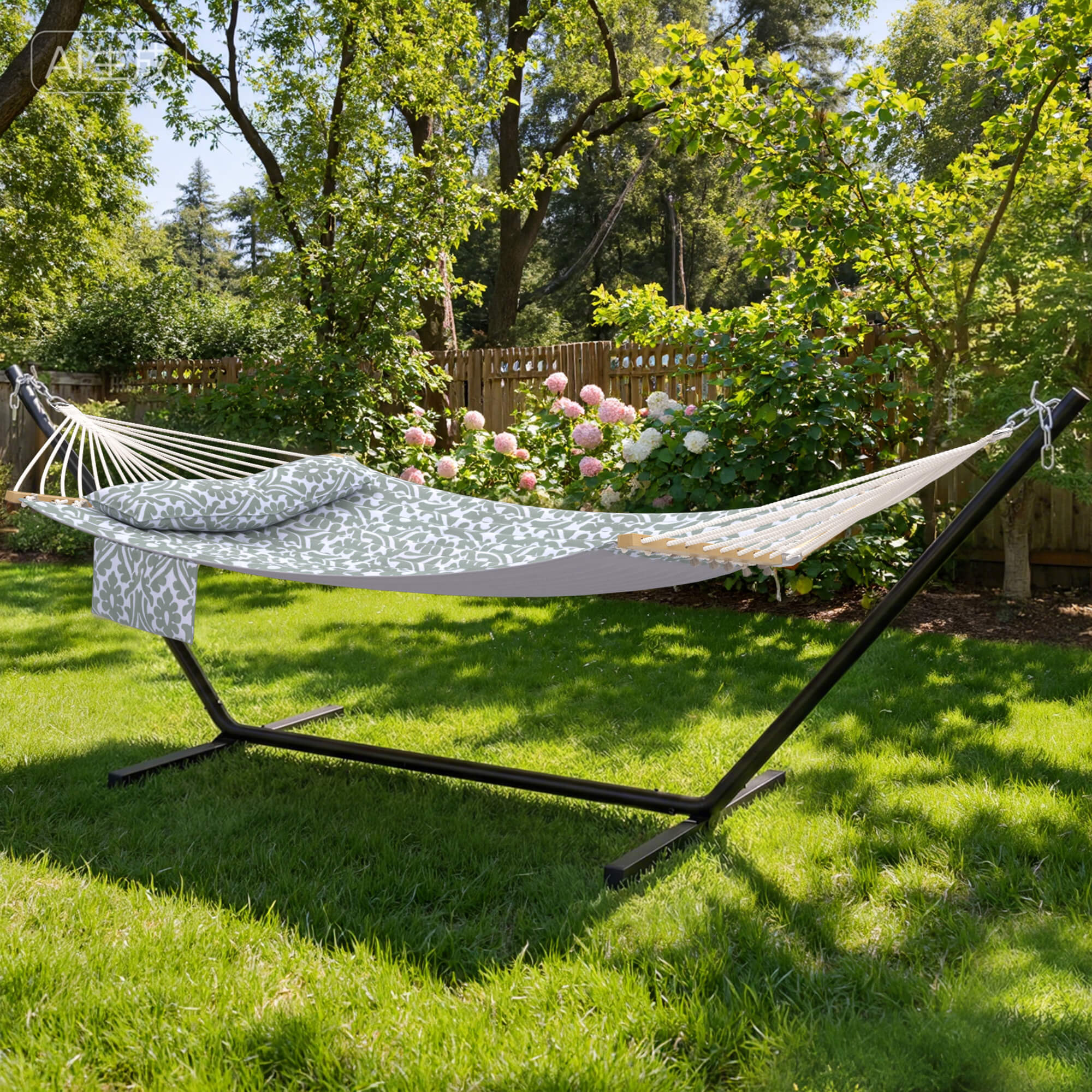 HOMREST Modern Rope Hammock with Stand, Portable Outdoor Hammock for Backyard, Beach & Camping, Gray Floral